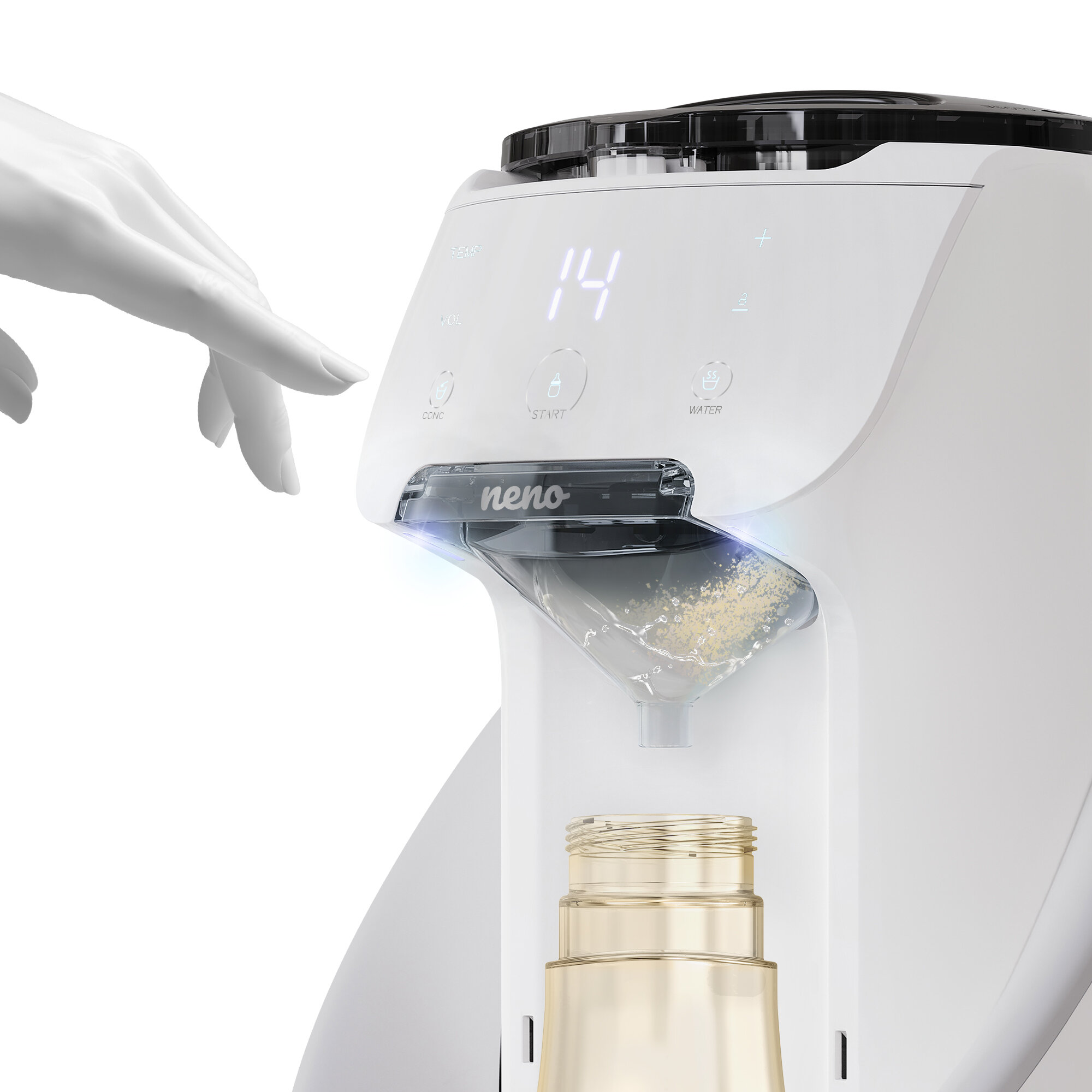 Biała maszyna dozuje płyn do butelki. Dłoń unosi się w pobliżu. Maszyna posiada wyświetlacz cyfrowy.