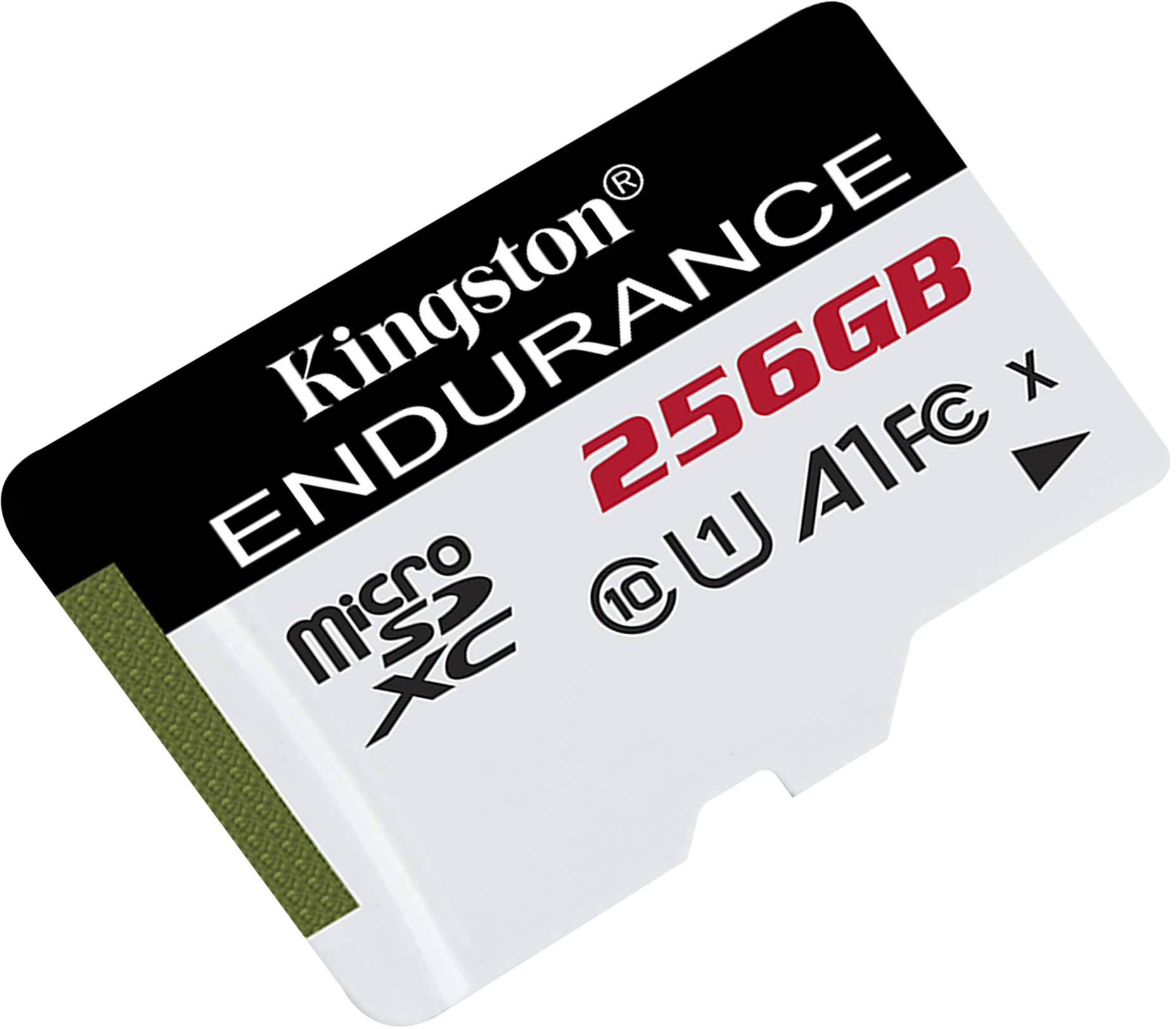 Kingston Endurance 256 GB-os microSDXC kártya. Fekete-fehér, piros szöveggel. MicroSD és A1 jelzések.