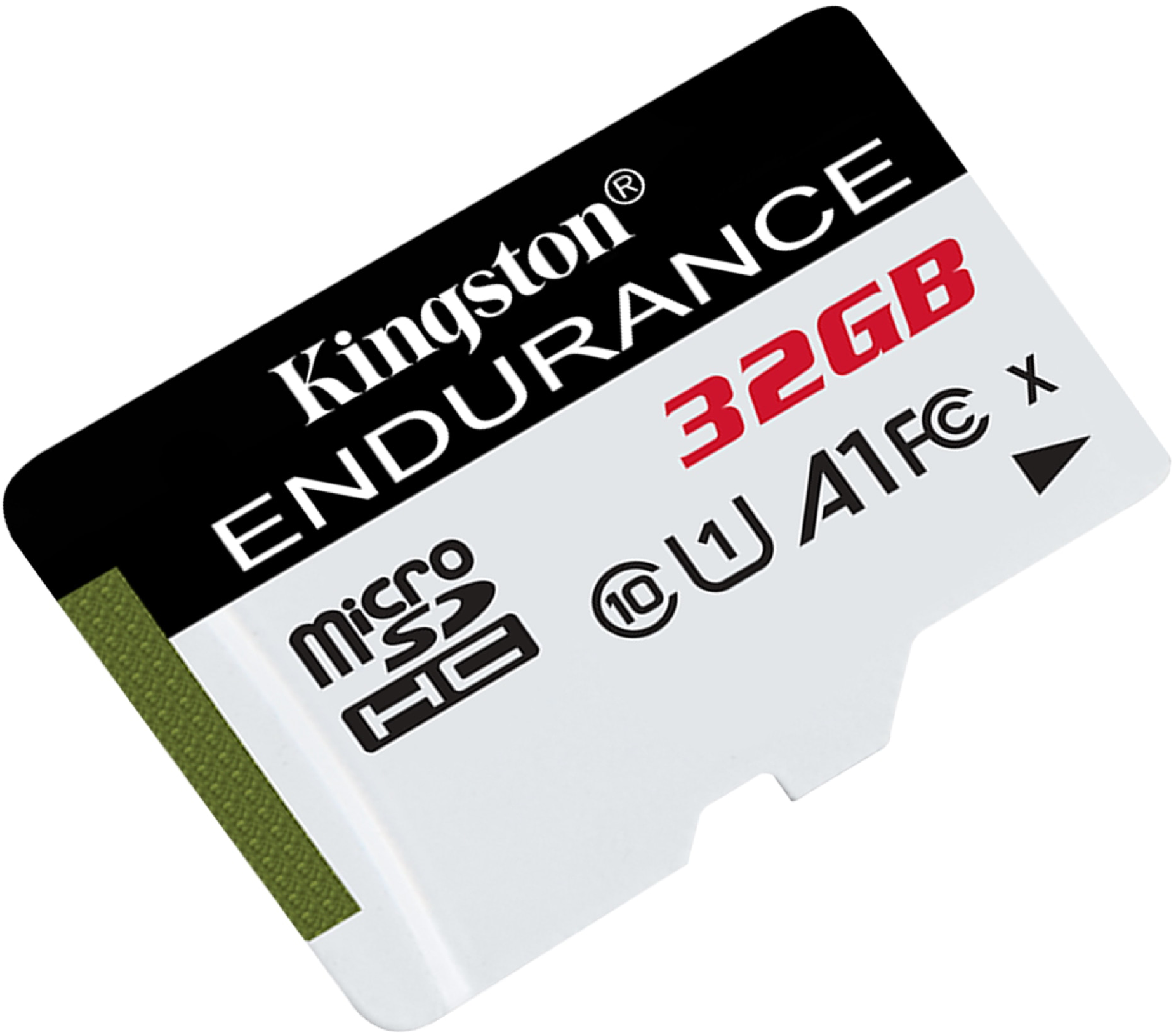Kingston Endurance 32GB microSD kártya. Fekete-fehér, piros felirattal. Zöld csík balra.