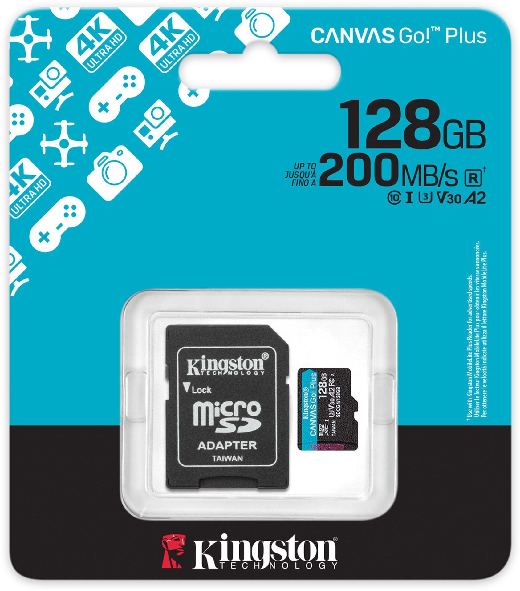 Kingston Canvas Go! Plus 128 GB-os Micro SD kártya kék-fekete csomagolásban, fehér szöveggel.