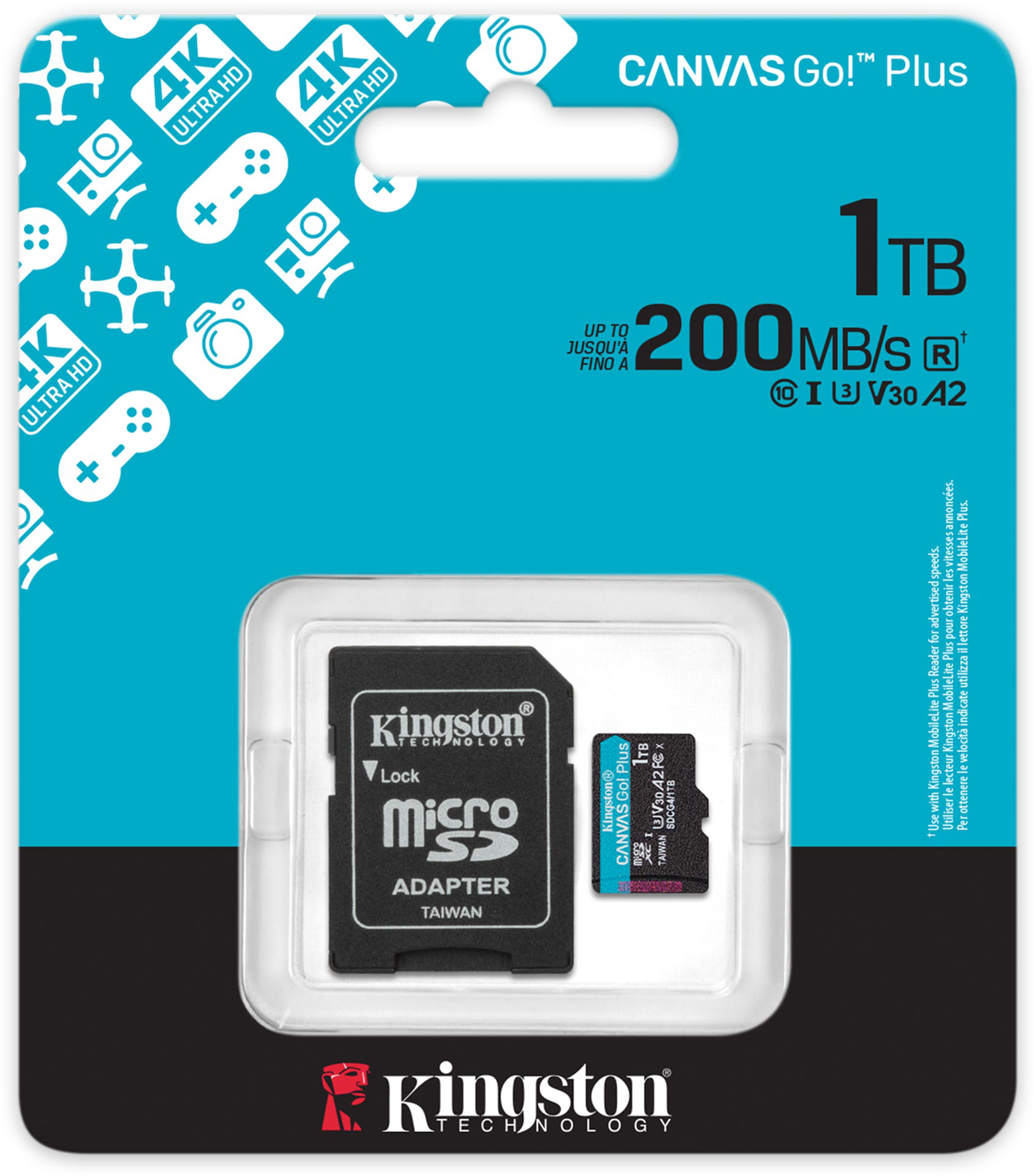 Egy Kingston Canvas Go! Plus 1 TB-os Micro SD kártya csomag fehér ikonokkal, kék háttéren.