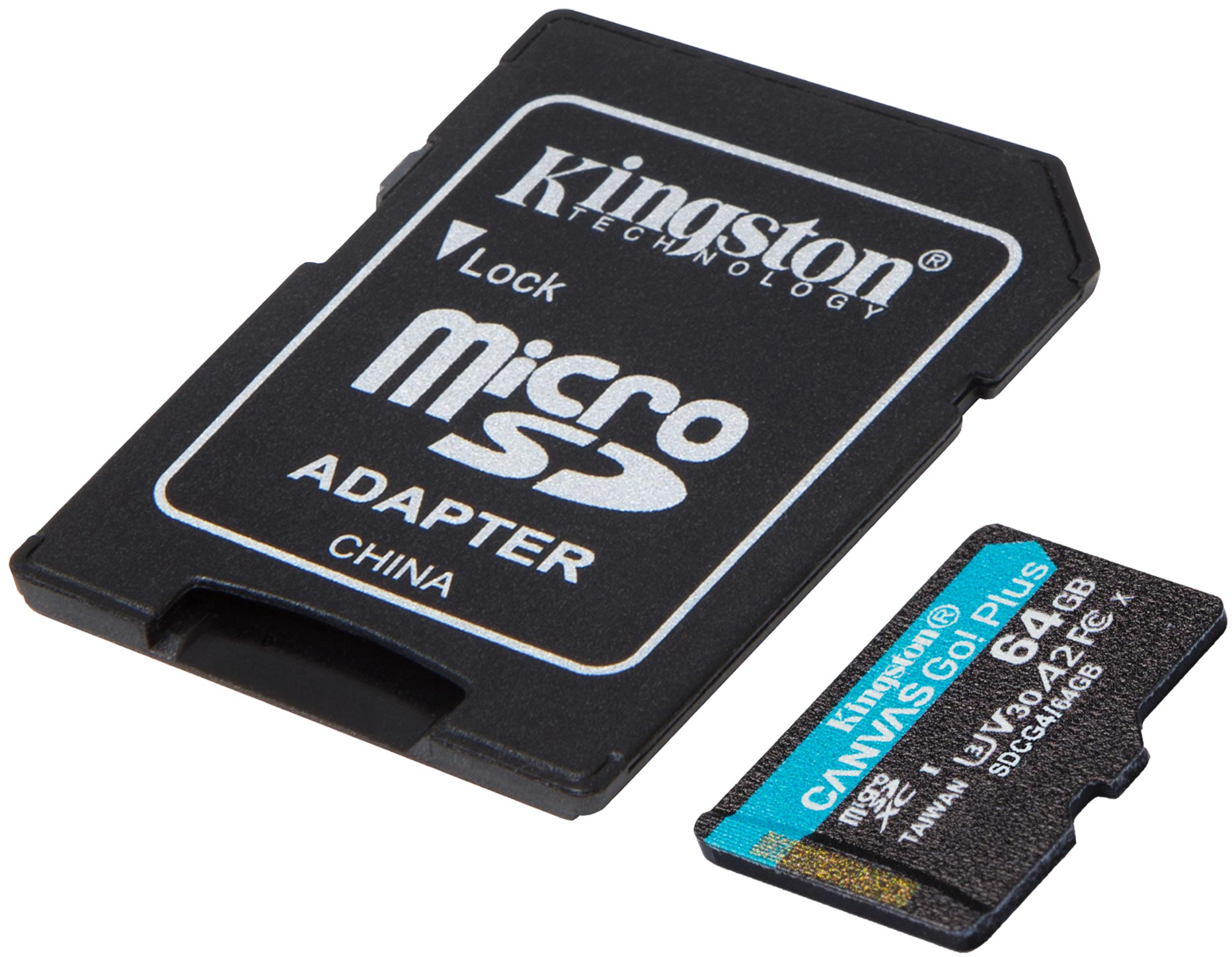 Fekete Kingston Micro SD kártyaadapter és egy kisebb SD-kártya. Mindkét kártyán fehér felirat látható.