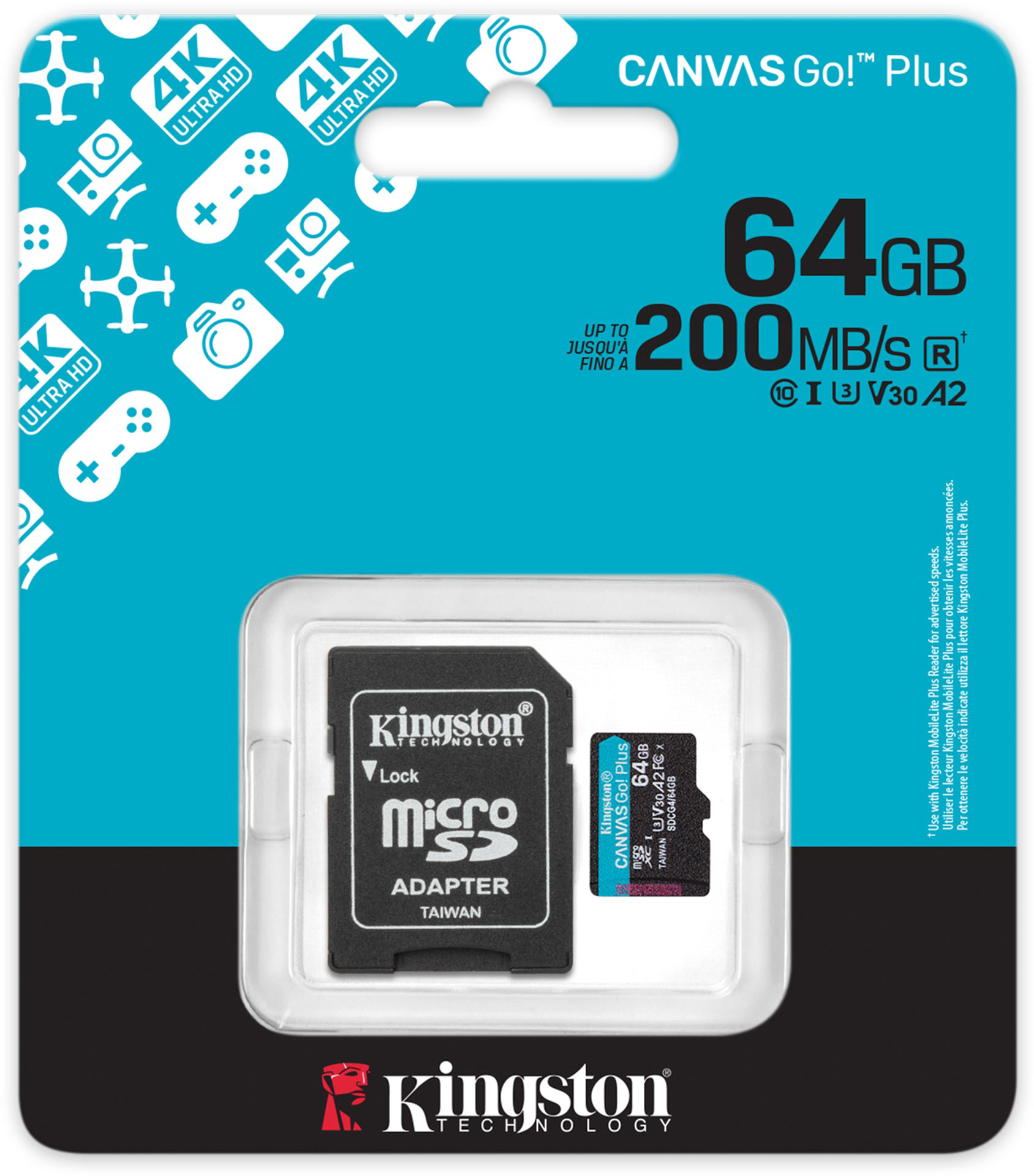 Egy Kingston Canvas Go! Plus 64 GB-os microSD kártyacsomag. A kártyát és az adaptert mutatja, kék és fekete háttérrel.