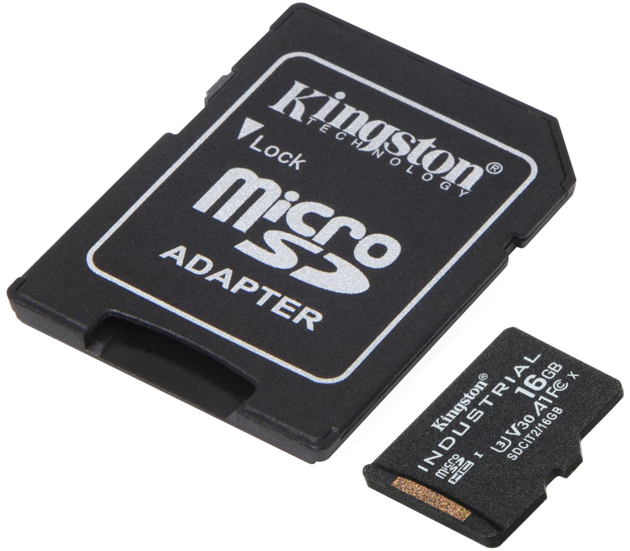 Két fekete Kingston memóriakártya. Az egyik egy "micro SD" adapter, a másik egy 16 GB-os ipari SD-kártya.