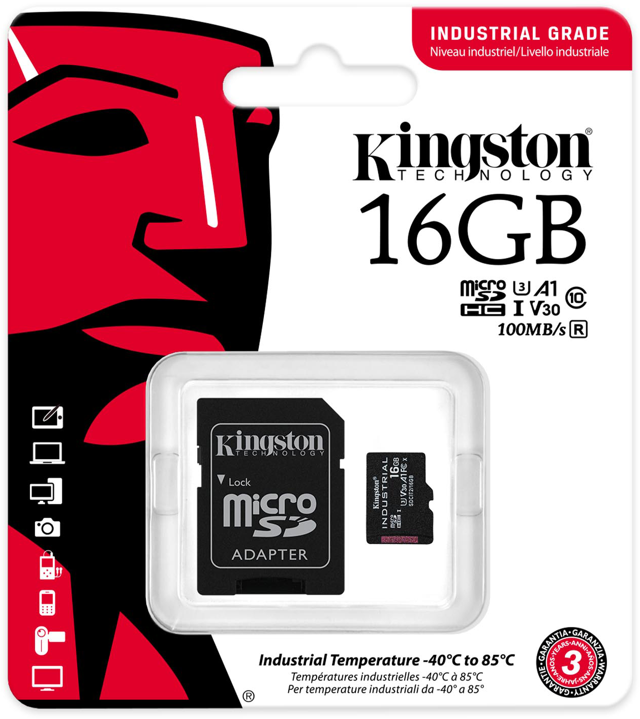 Kingston 16GB Micro SD kártya műanyag tokban, fekete-piros háttéren. Szöveg: Industrial Grade és hőmérséklet tartomány.