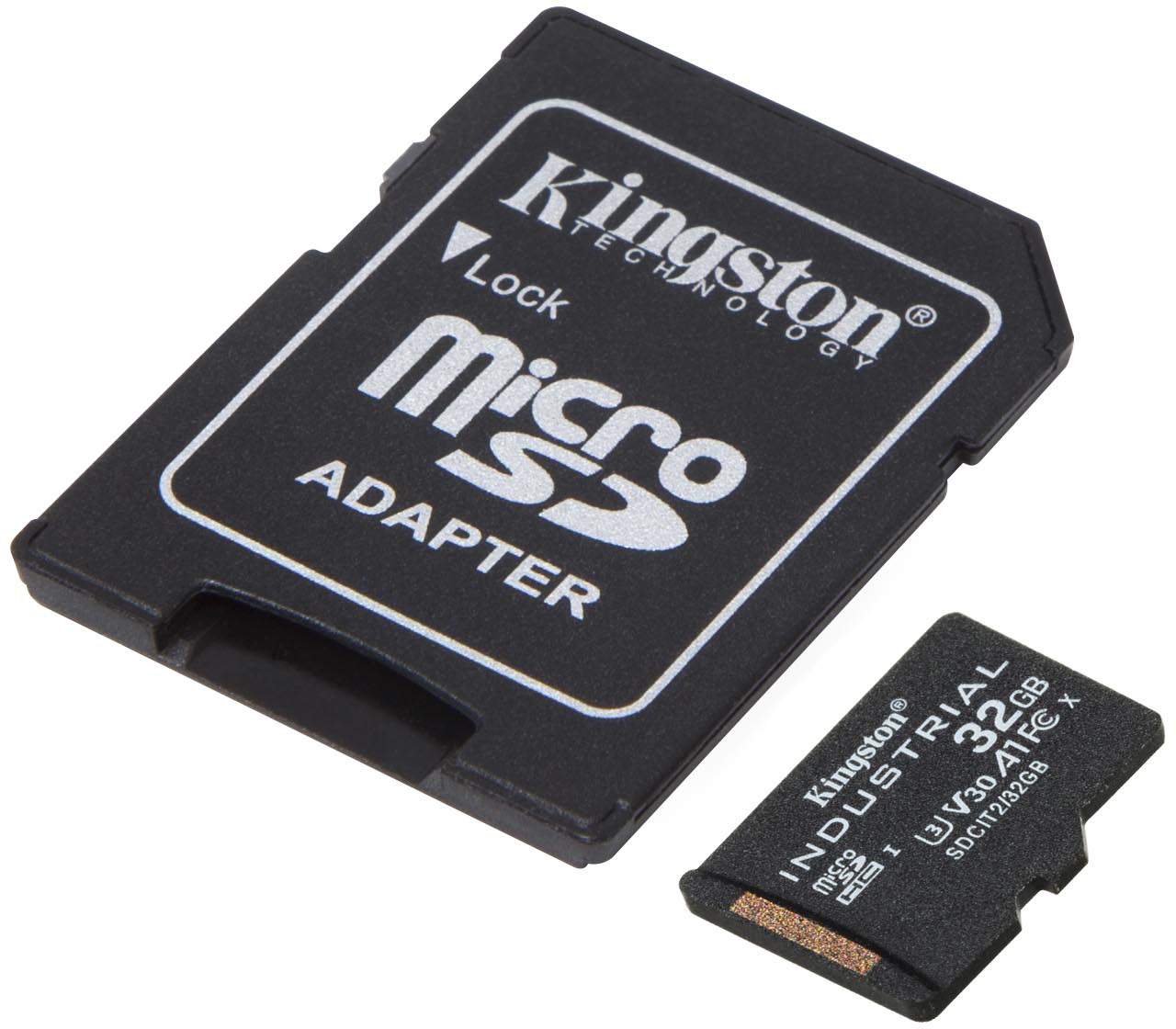 Fekete Kingston micro SD kártya adapter és micro SD kártya. Az adapteren a 'micro SD ADAPTER' felirat látható. Az SD kártyán az 'INDUSTRIAL' felirat szerepel.