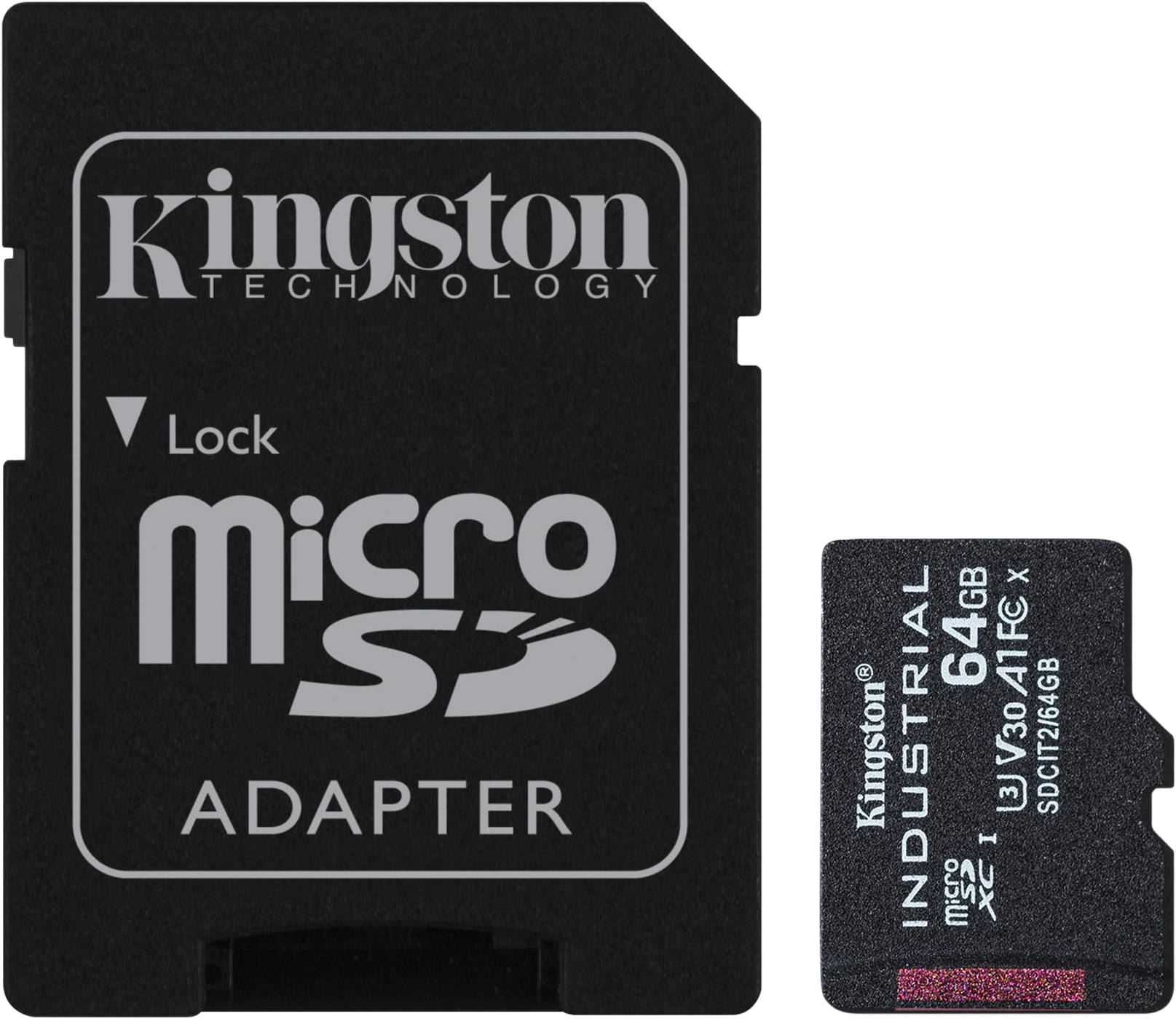 Fekete Kingston SD kártyaadapter márkajelzéssel és Micro SD logóval, valamint egy kisebb 64 GB-os Industrial SD kártya.