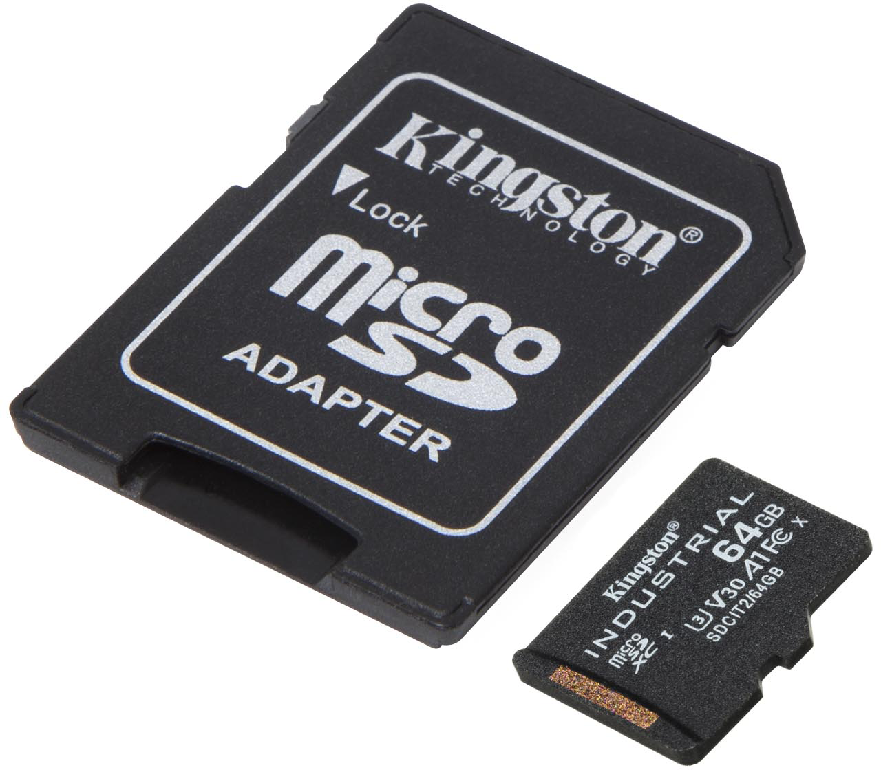 Egy fekete Kingston Micro SD adapter és egy Micro SD kártya. Az adapteren a 'Micro SD Adapter' felirat látható. A kártyán az 'Industrial 64GB' felirat szerepel.