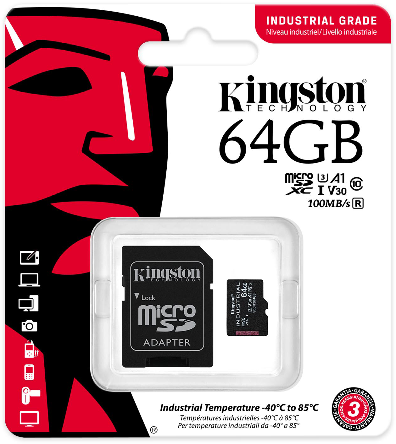 Kingston 64GB Micro SD kártya műanyag tokban. Piros és fekete csomagolás. Ipari minőségű, hőmérséklet tartomány -40°C és 85°C között.