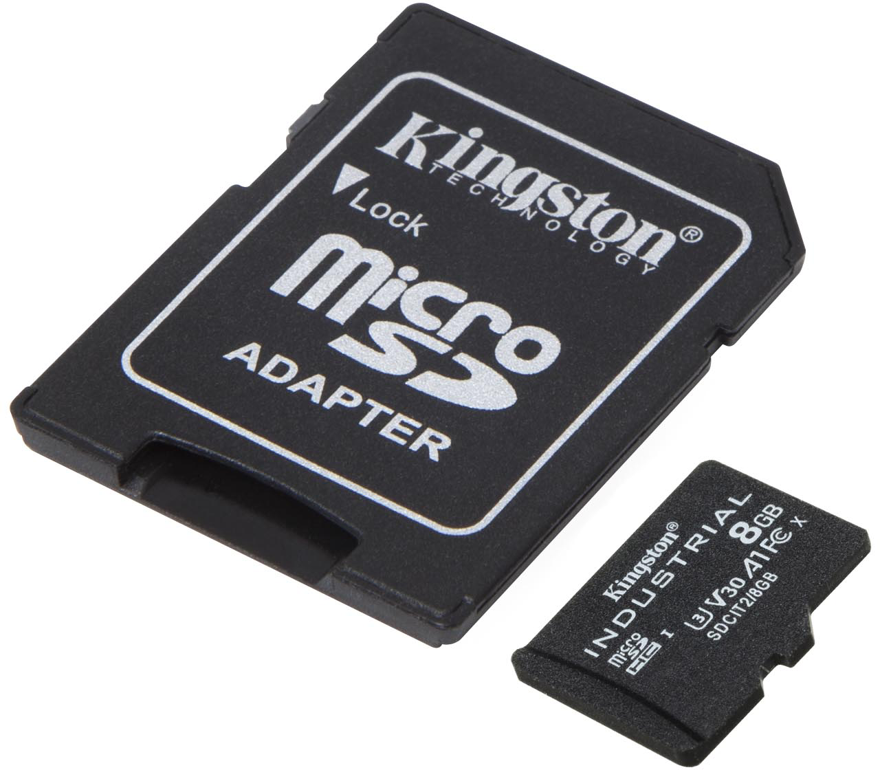 Két fekete Kingston memóriakártya. Az egyik egy adapter "micro SD" és "Lock" feliratokkal. A másik egy micro SD kártya.