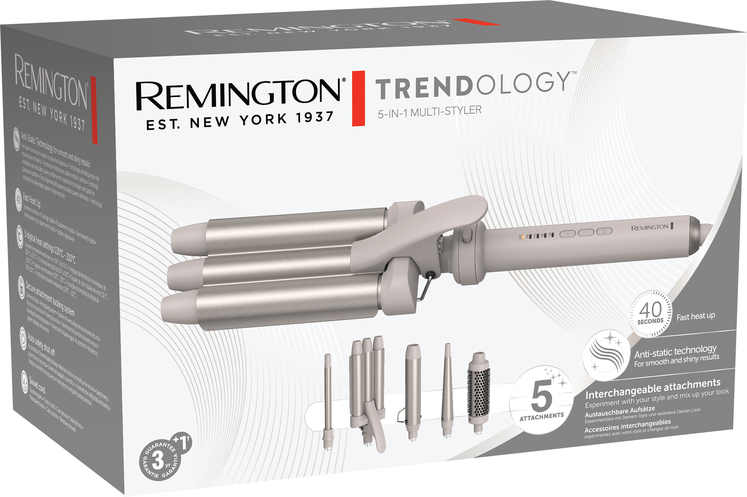 Remington Trendology hajformázó doboz. Tartalmazza a hajformázót, öt tartozékot és a garanciát. Fehér és szürke.