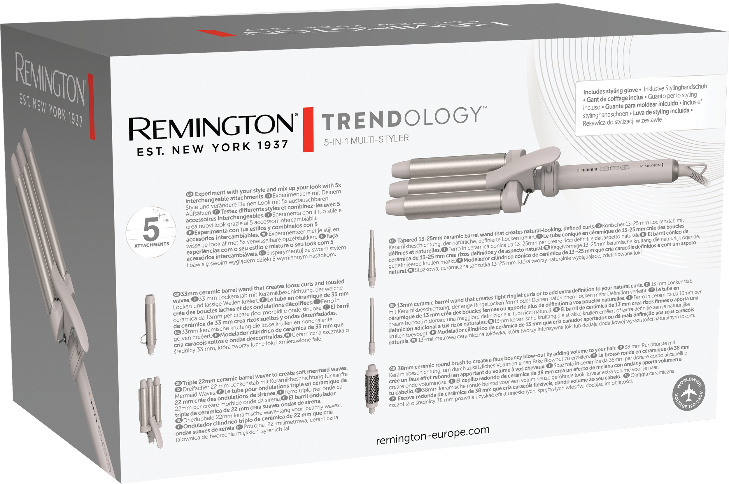 Remington Trendology hajformázó doboza. Márkanév, termék adatok, és számos tartozék.