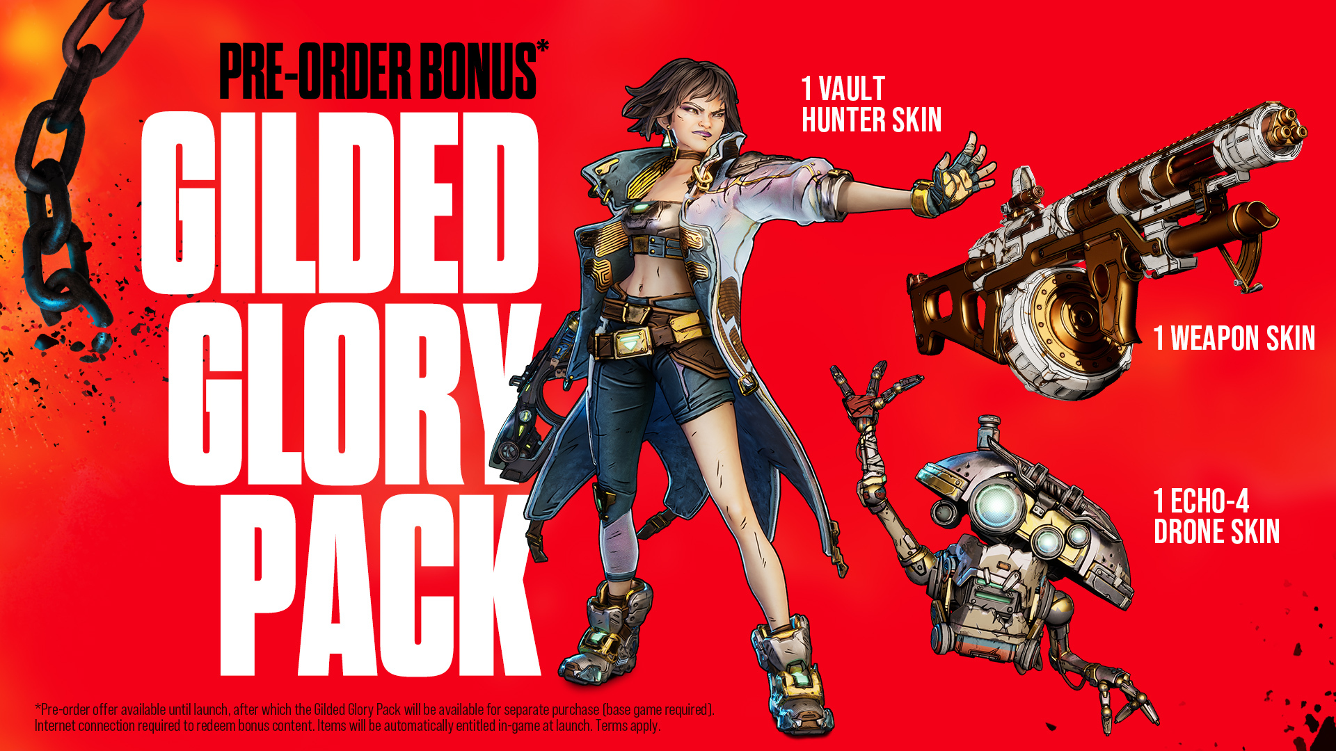 Poster für Gilded Glory Pack. Eine Frau steht mit einer Waffe und Bonusartikeln: einer Waffen-Skin, einer Hunter-Skin und einer Echo-4-Drohnen-Skin.