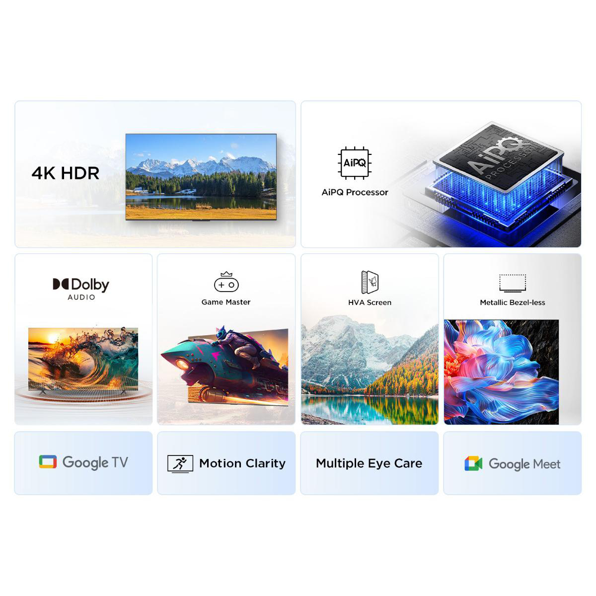 Das Bild zeigt einen Fernseher mit Funktionen wie 4K HDR, AiPQ-Prozessor, Dolby Audio, Game Master, HVA-Bildschirm, metallfreiem Rahmen, Google TV und mehr.