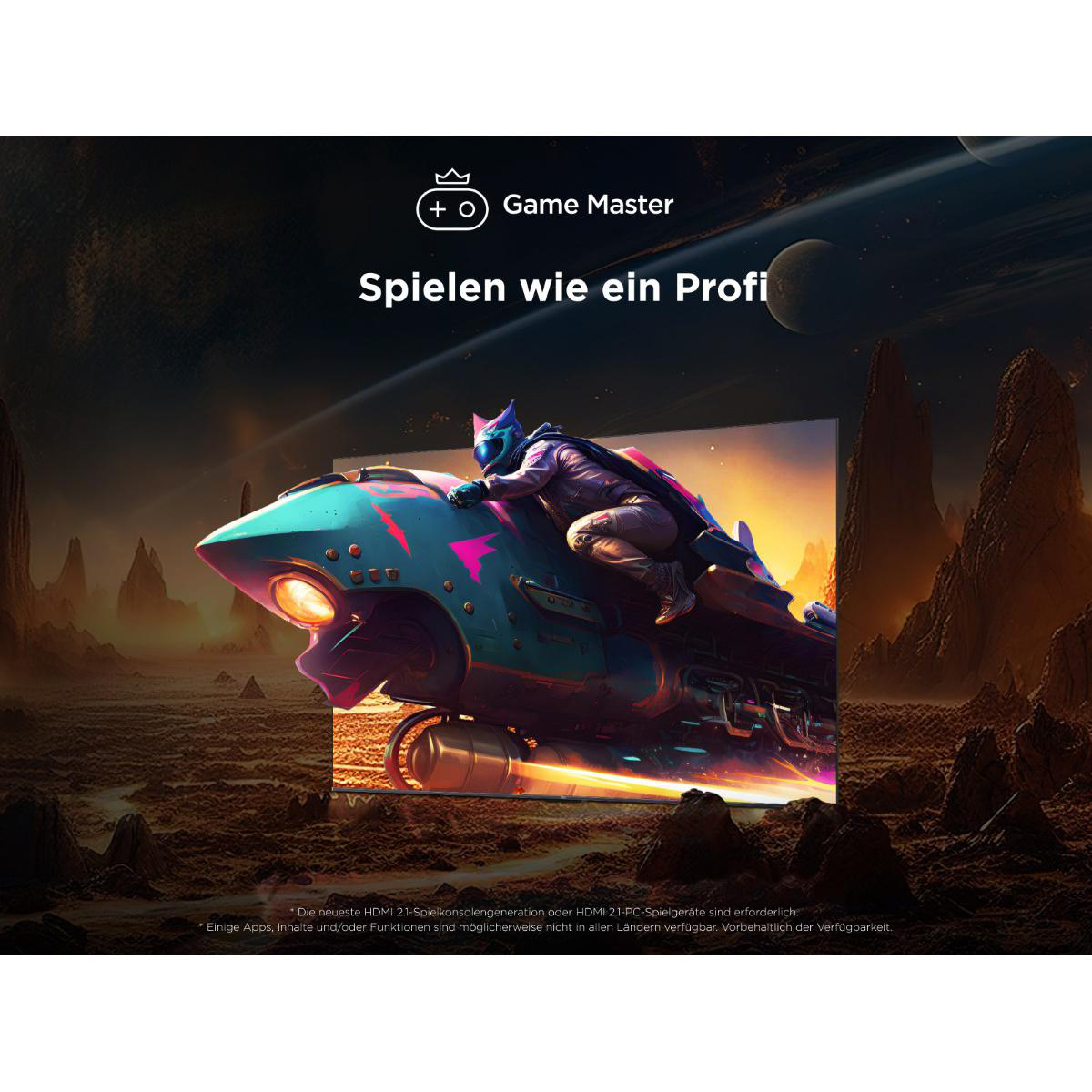 Futuristisches Bild, Person auf Rakete auf Planeten mit Bergen. Text: 'Game Master' und 'Spiele wie ein Profi'.