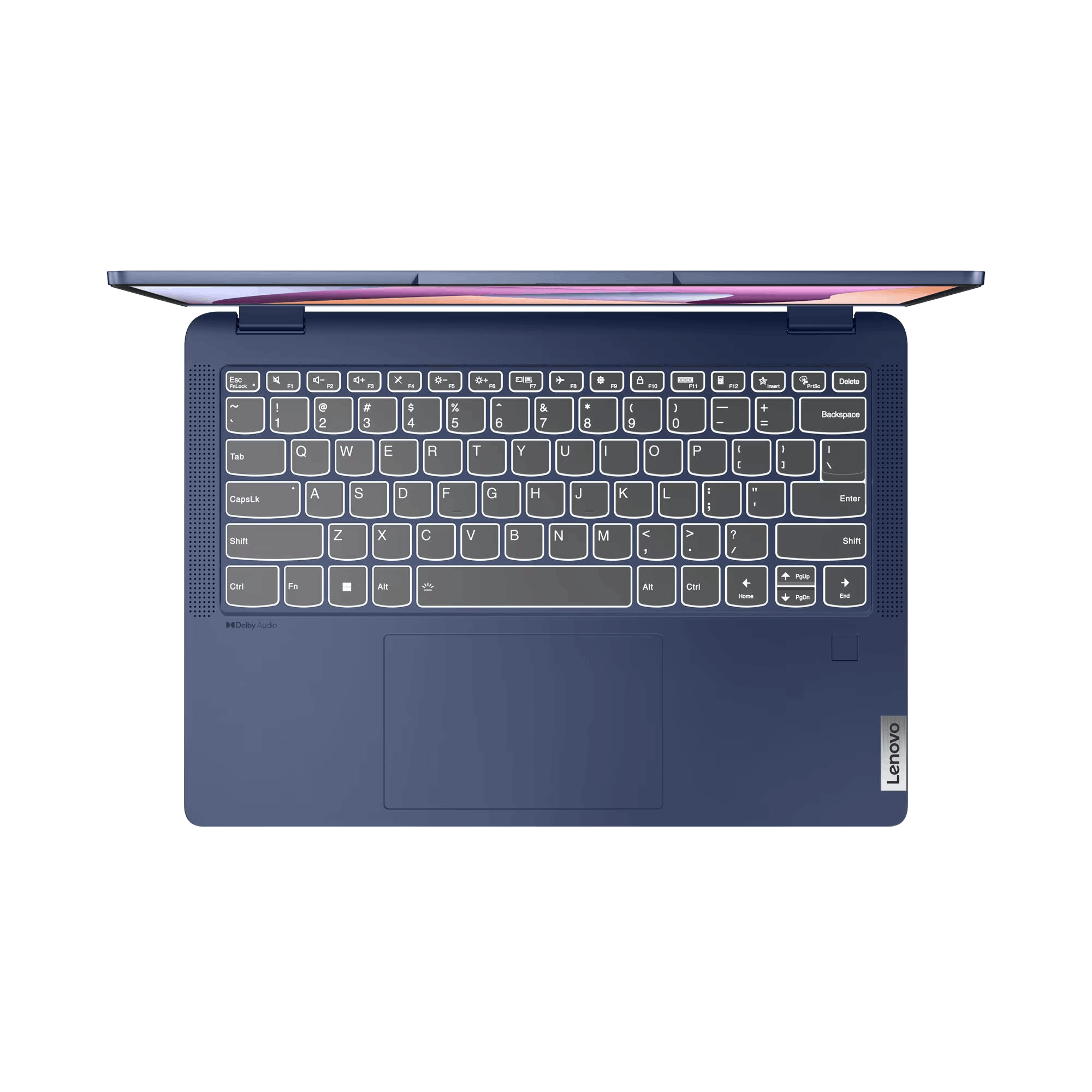 Portátil Lenovo azul, abierto. Teclado visible. Teclas blancas y cuerpo azul. Pantalla en la parte superior.