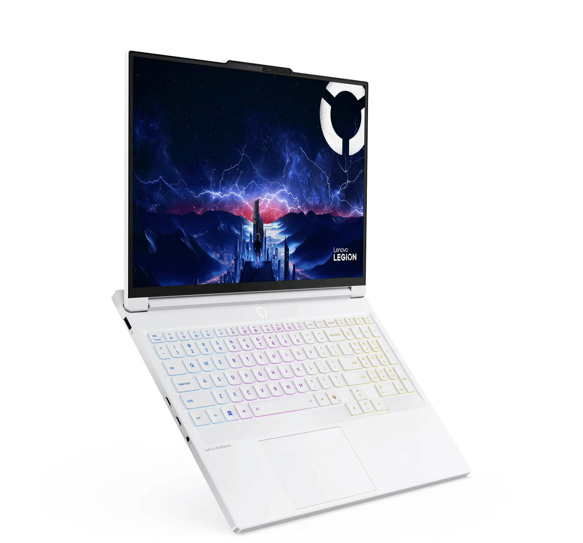 Laptop Lenovo Legion blanco. Pantalla con escena de fantasía con rayos. Teclado retroiluminado.