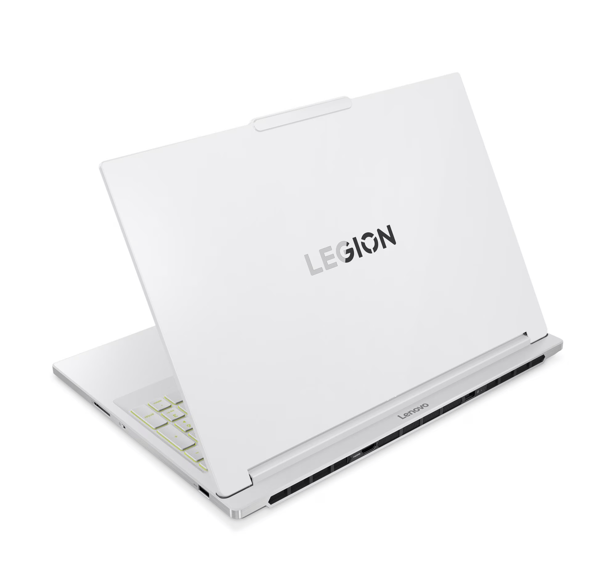 Portátil Lenovo Legion blanco, abierto. La tapa muestra el logo Legion. Se ve el teclado. El fondo es blanco.