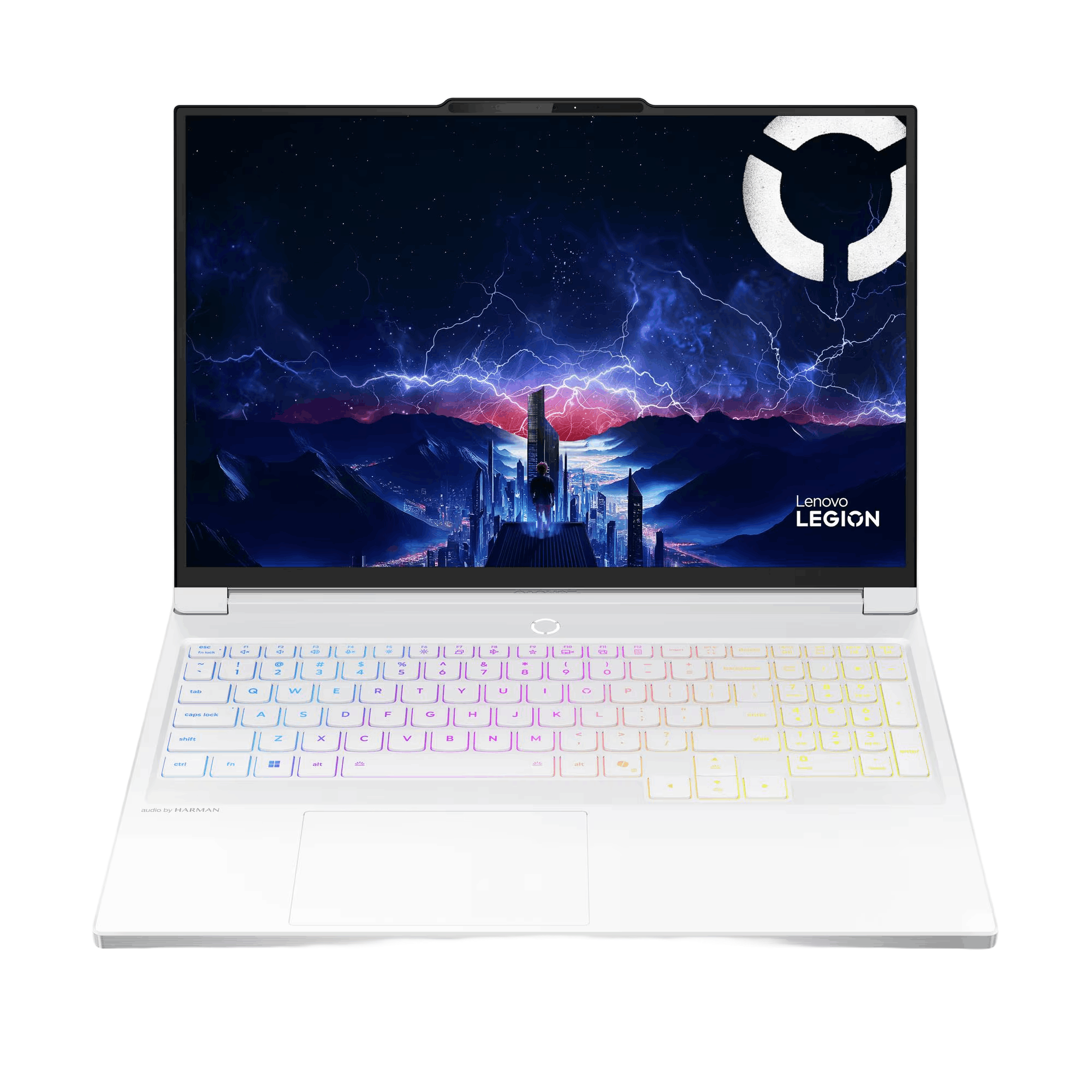 Un portátil Lenovo Legion blanco con teclado retroiluminado muestra una escena de la ciudad con rayos en la pantalla.