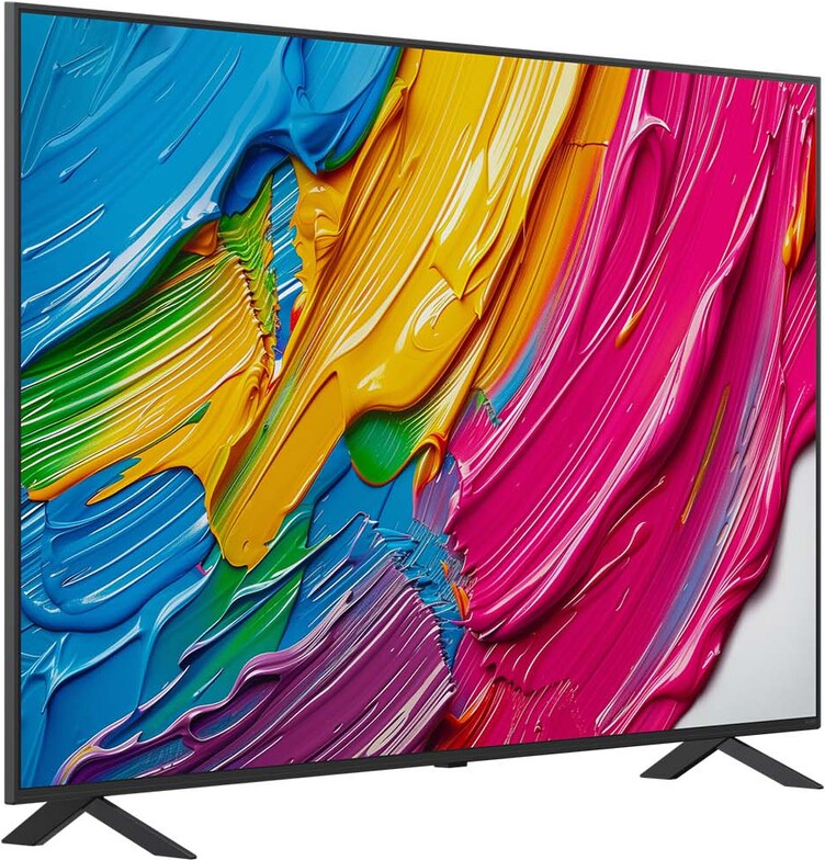 Un téléviseur affiche une peinture abstraite colorée avec des coups de pinceau bleus, jaunes, verts et roses. Il est sur un pied noir.