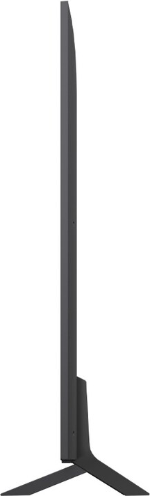Un téléviseur à écran plat gris est debout. Il a un profil mince avec un support en bas.