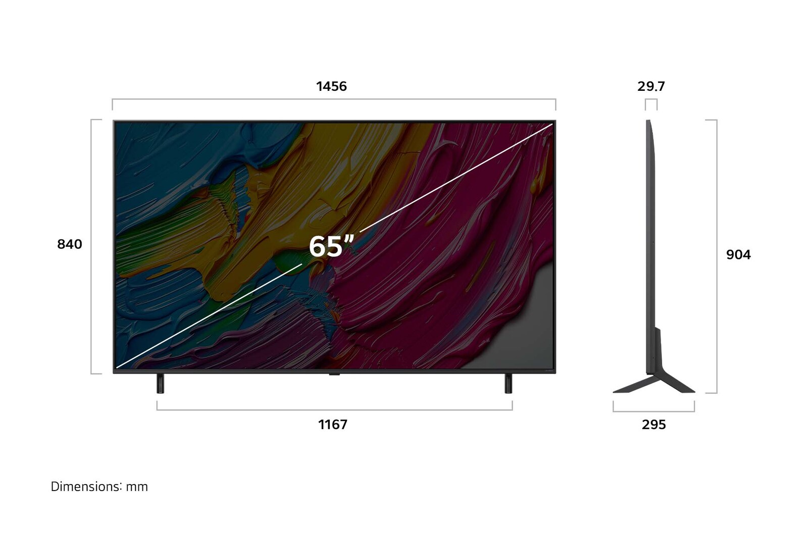 Un téléviseur de 65 pouces avec des dimensions en mm. L'écran affiche de l'art abstrait coloré. Vue latérale montre le profil fin et le support.