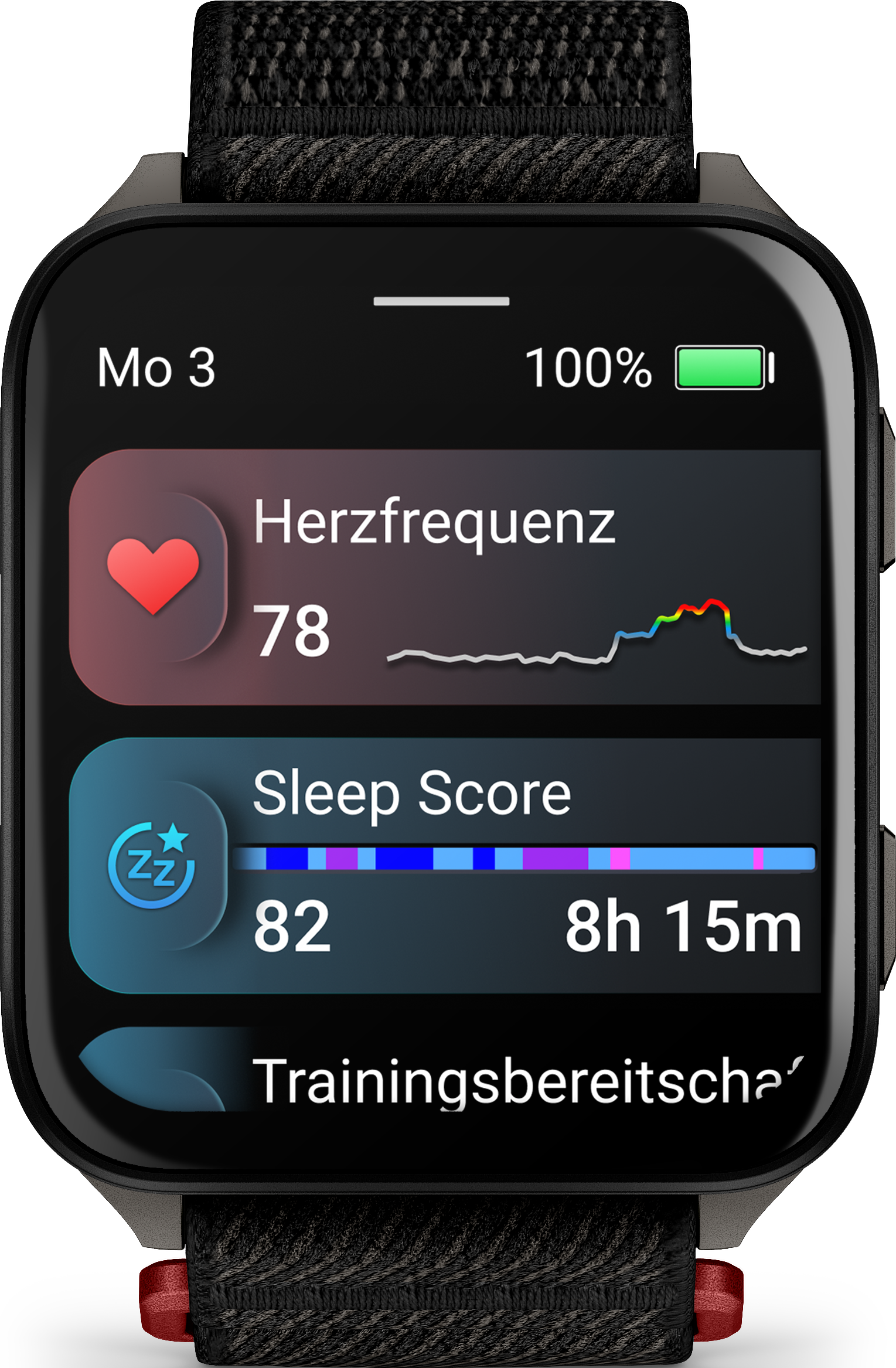 Smartwatch affichant la fréquence cardiaque, le score de sommeil et la batterie à 100 %. Affiche la date. Montre noire avec bracelet noir et rouge.