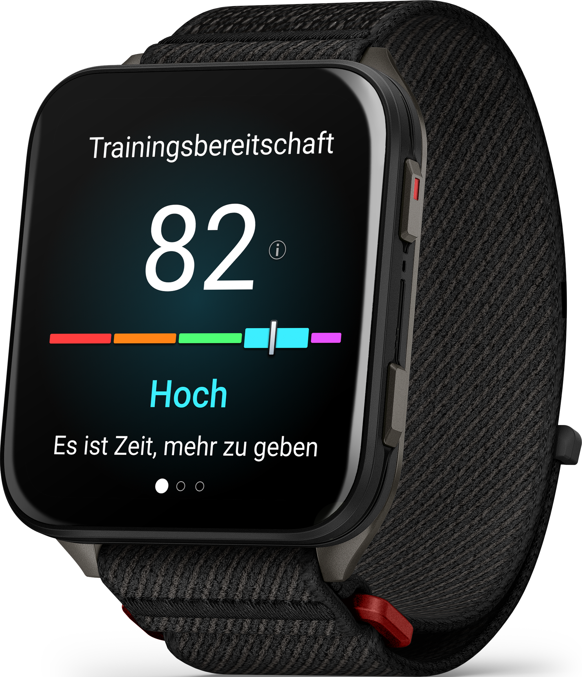 Smartwatch avec écran affichant la préparation à l'entraînement à 82. Le bracelet est noir, les boutons sont rouges.