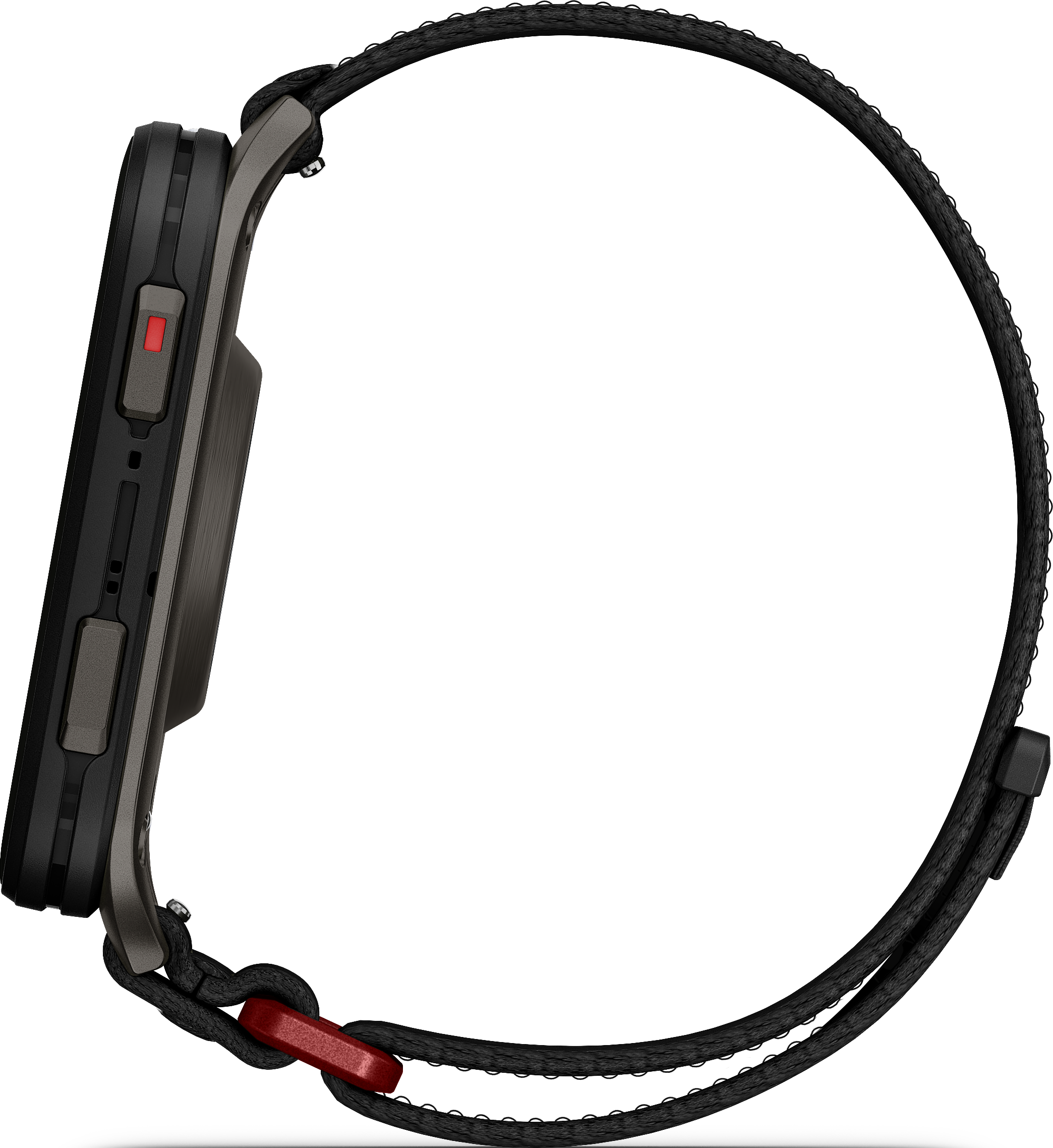 Une montre connectée noire avec un bracelet gris foncé est affichée sur fond noir. Un bouton rouge est visible sur le côté.
