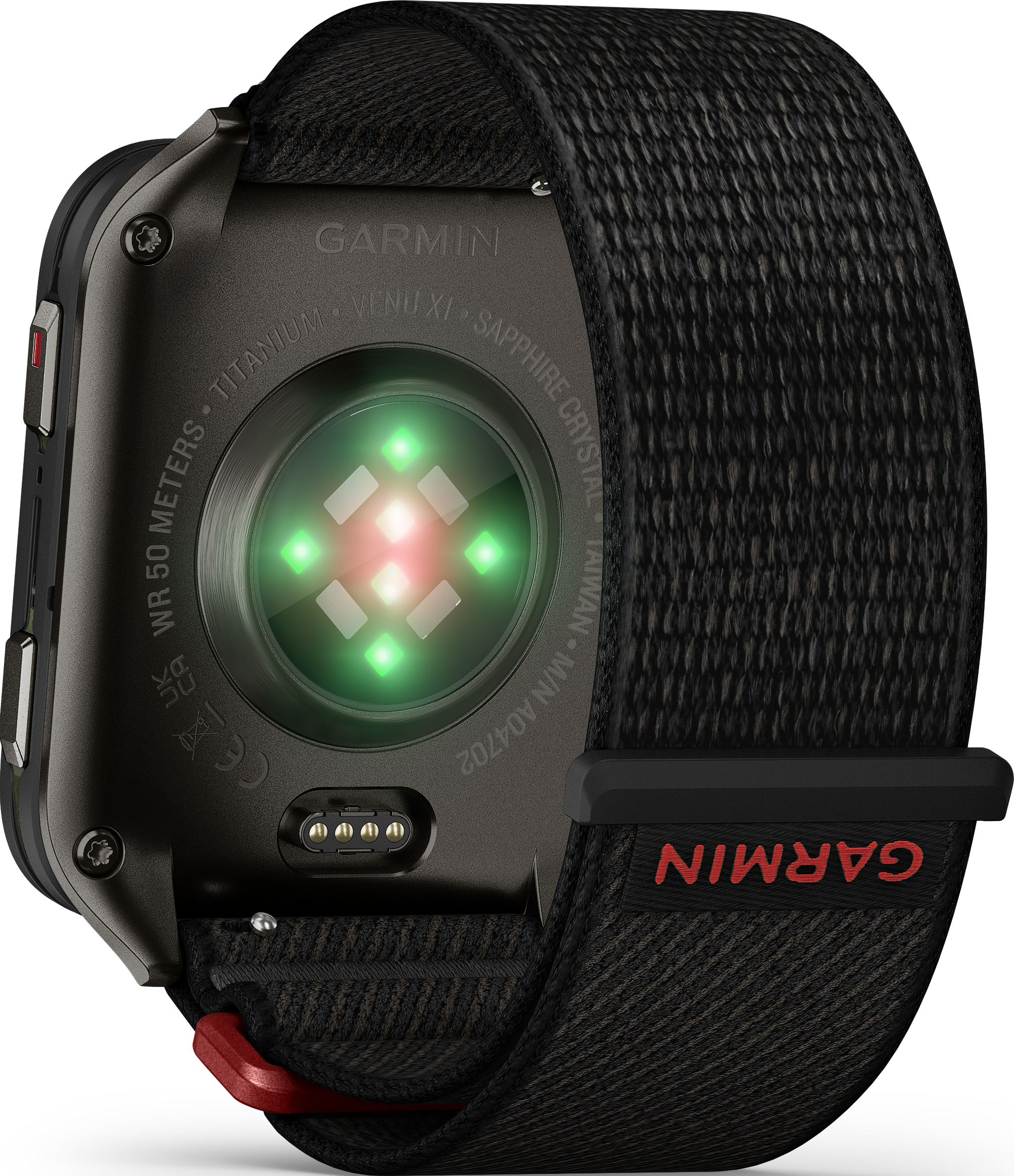 Gros plan du dos d'une montre Garmin. Affichage du capteur de fréquence cardiaque, du bracelet et du logo Garmin.