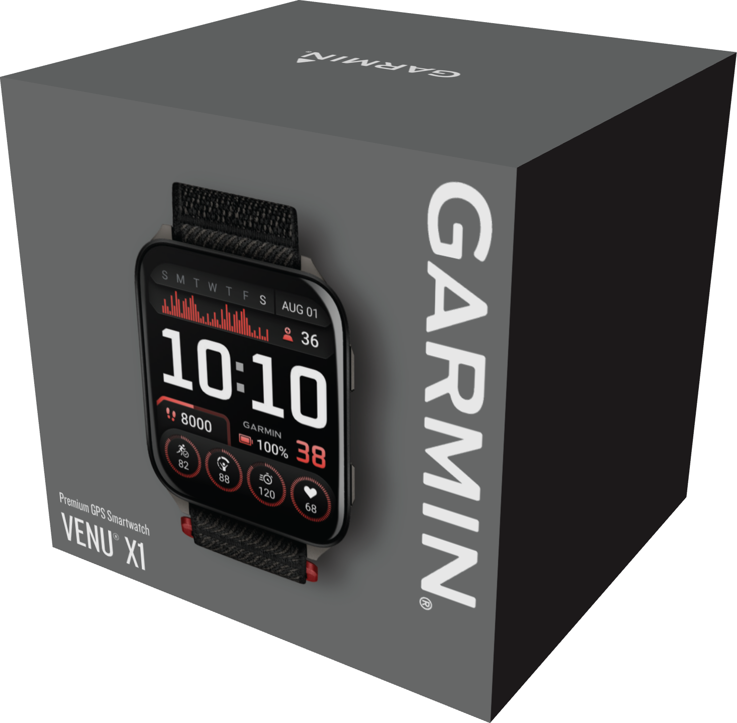 Une smartwatch Garmin Venu X1 sur sa boîte. La montre affiche l'heure, les statistiques et se trouve sur une boîte grise et noire avec le logo Garmin.