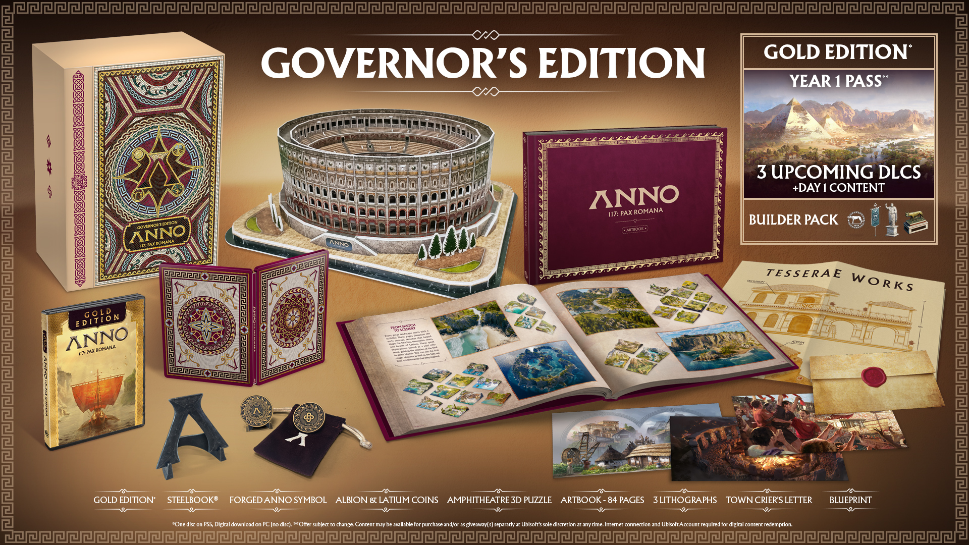 Anno 117: Pax Romana Governor's Edition, zestaw z grą, puzzle 3D, albumem, monetami i przedmiotami kolekcjonerskimi.