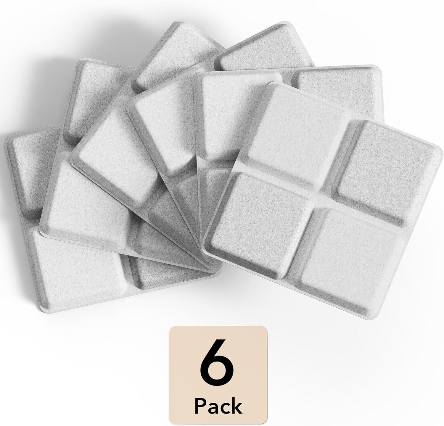 Mehrere weiße, quadratische Pads mit abgerundeten Ecken sind gestapelt. Eine beige Karte zeigt '6 Pack'.