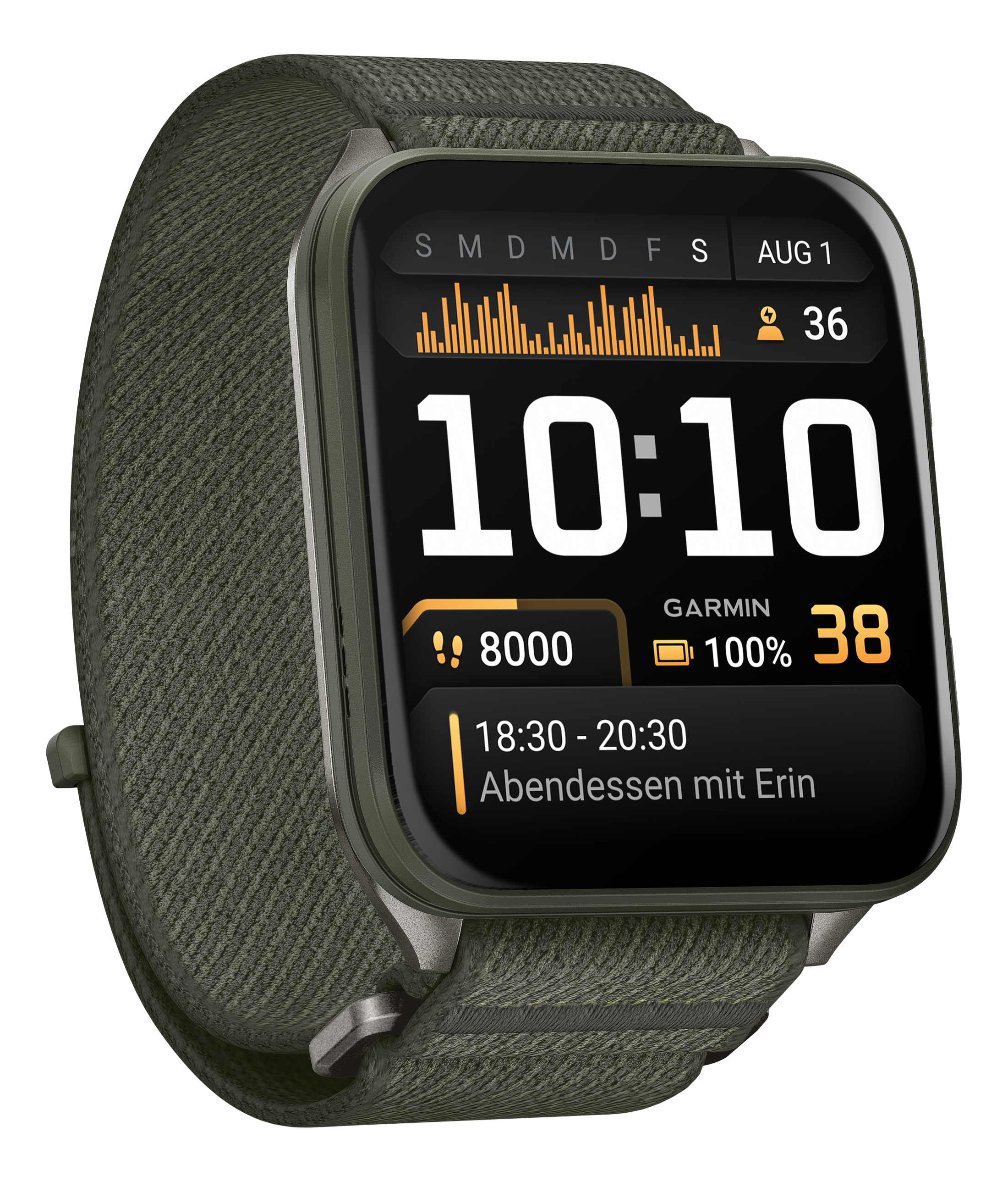 Une montre connectée verte affiche l'heure 10:10, la date, les pas, la batterie et le logo Garmin. Le bracelet est texturé.