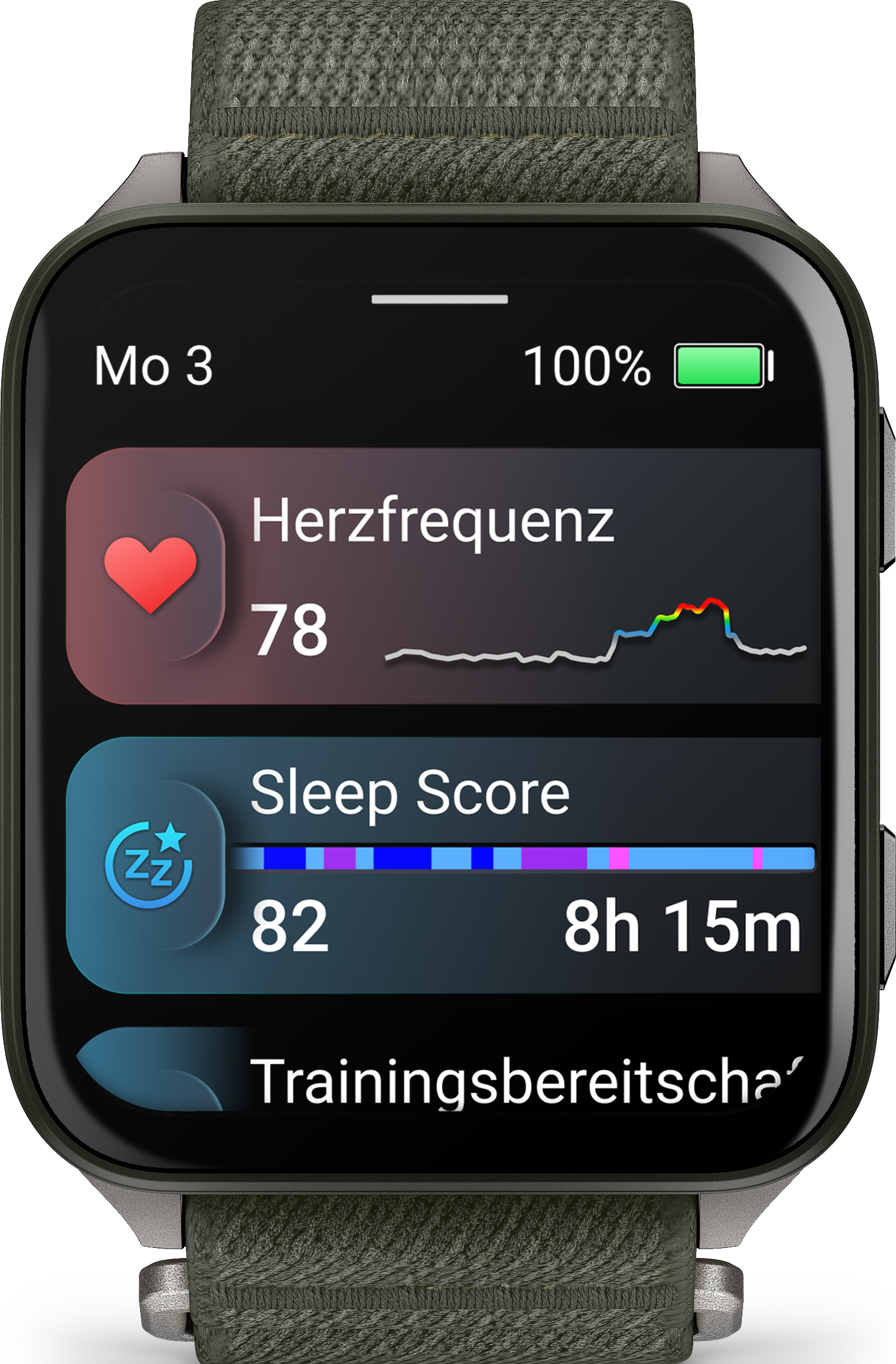Smartwatch affichant fréquence cardiaque 78, score de sommeil 82 et 8h 15m de sommeil. Batterie à 100%. Bracelet vert olive.