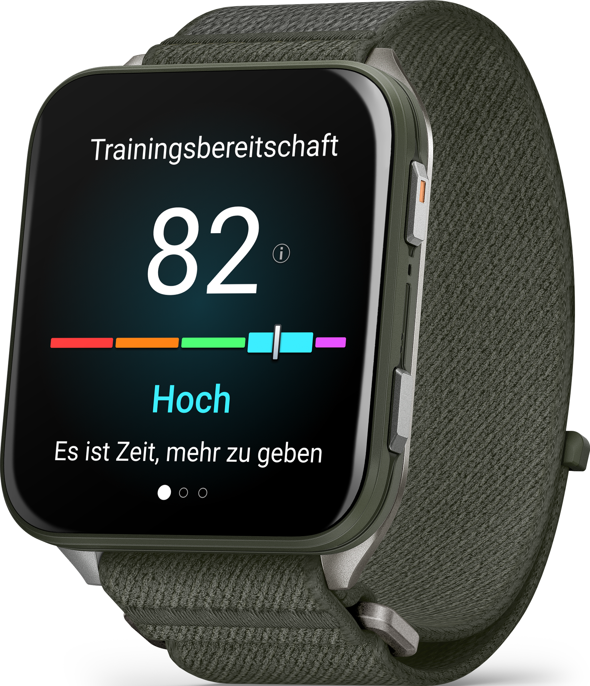 La montre affiche la préparation à 82%. Le texte dit 'Hoch'. Bracelet et corps de montre verts avec boutons latéraux.