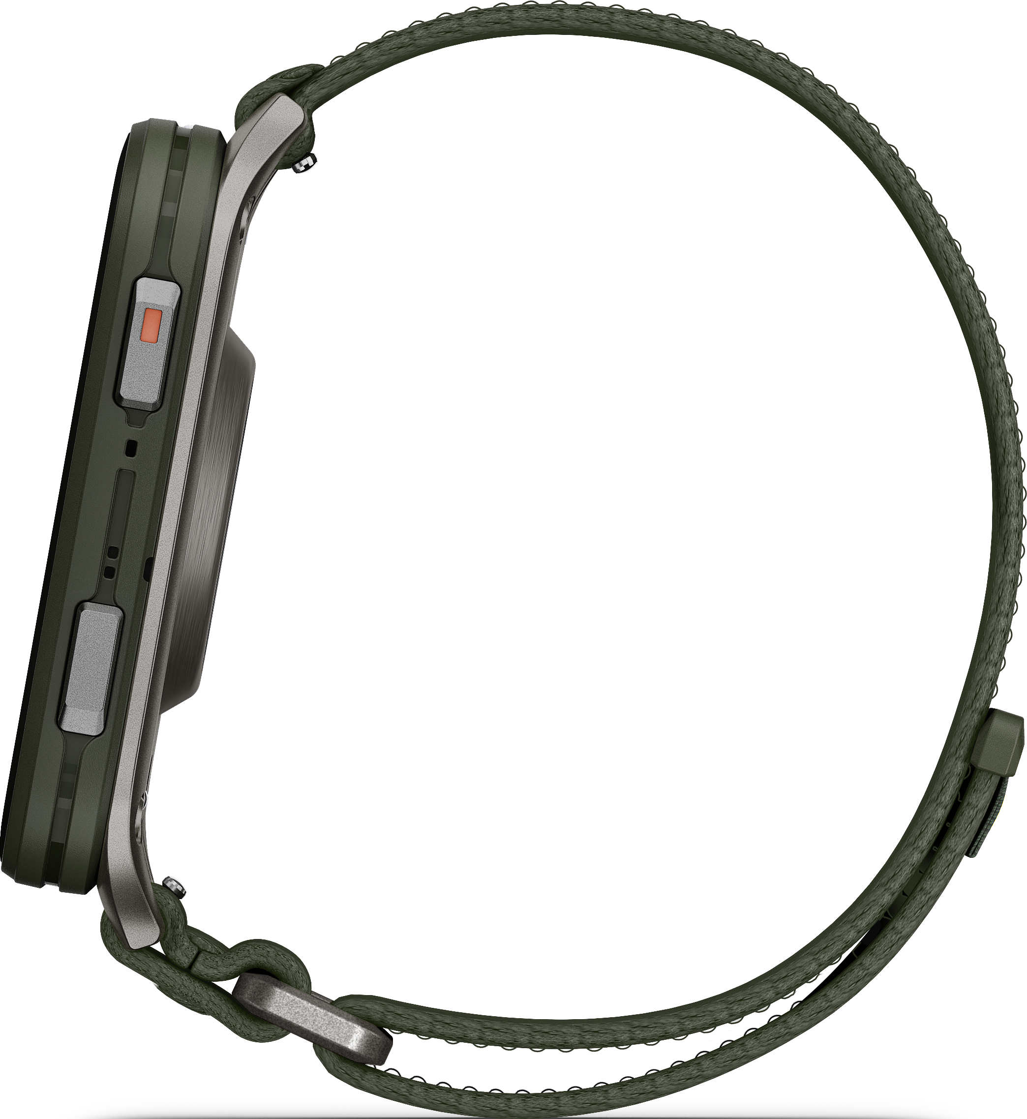 Une montre intelligente verte avec un bracelet vert est présentée. La montre a des boutons argentés et un fond noir.