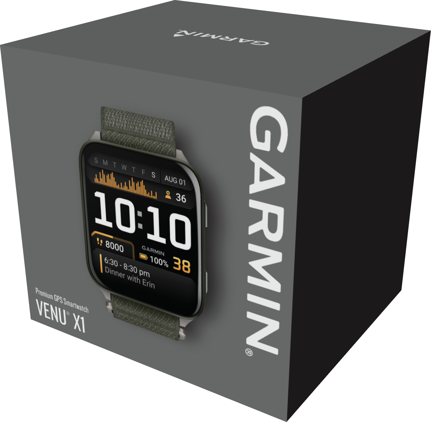 Une montre intelligente Garmin Venu X1 est affichée sur une boîte. La montre affiche 10h10 et d'autres infos. La boîte porte le logo Garmin.
