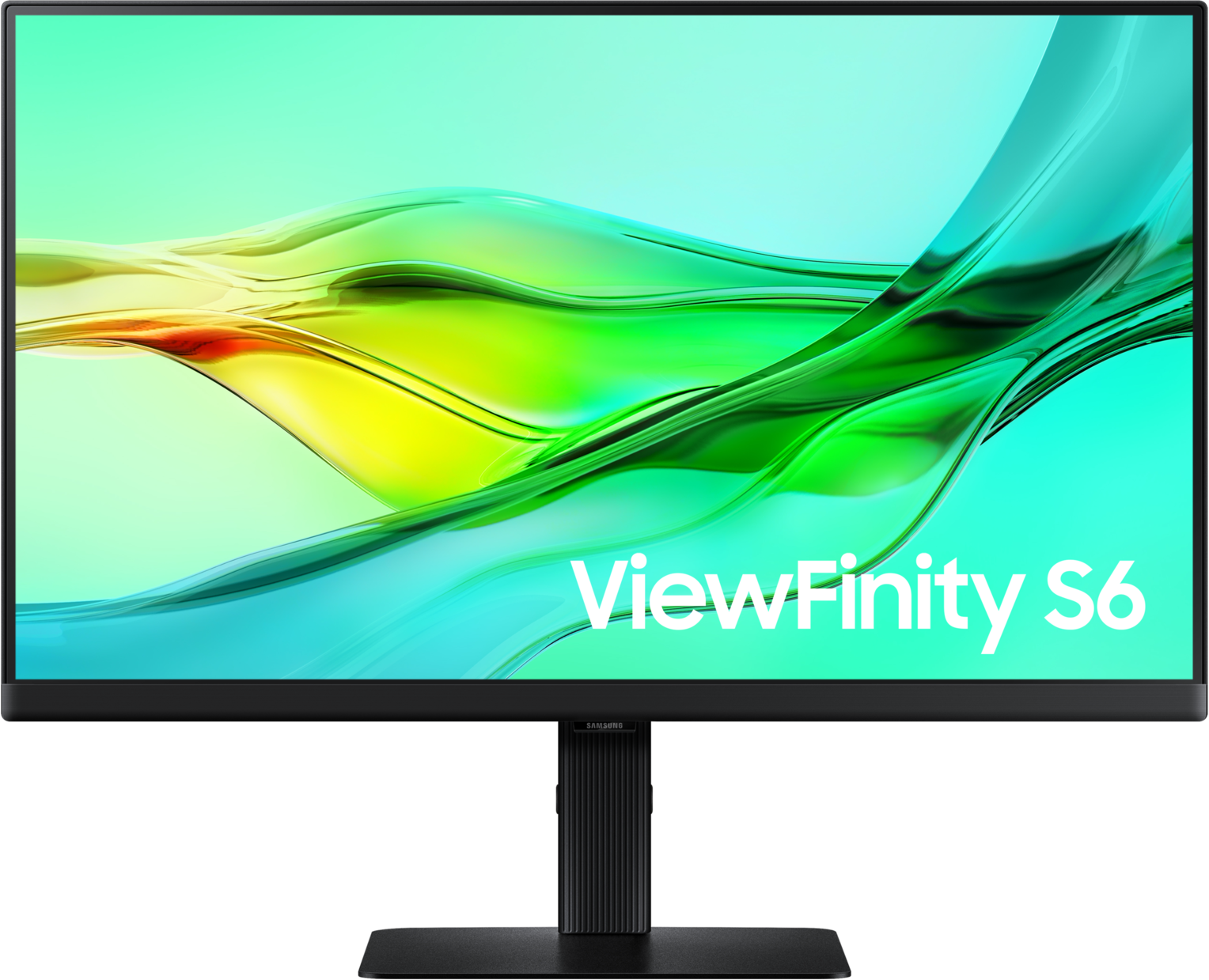Un moniteur Samsung ViewFinity S6 affiche une image abstraite colorée de vert, jaune et bleu. Le moniteur est noir, avec un pied noir.