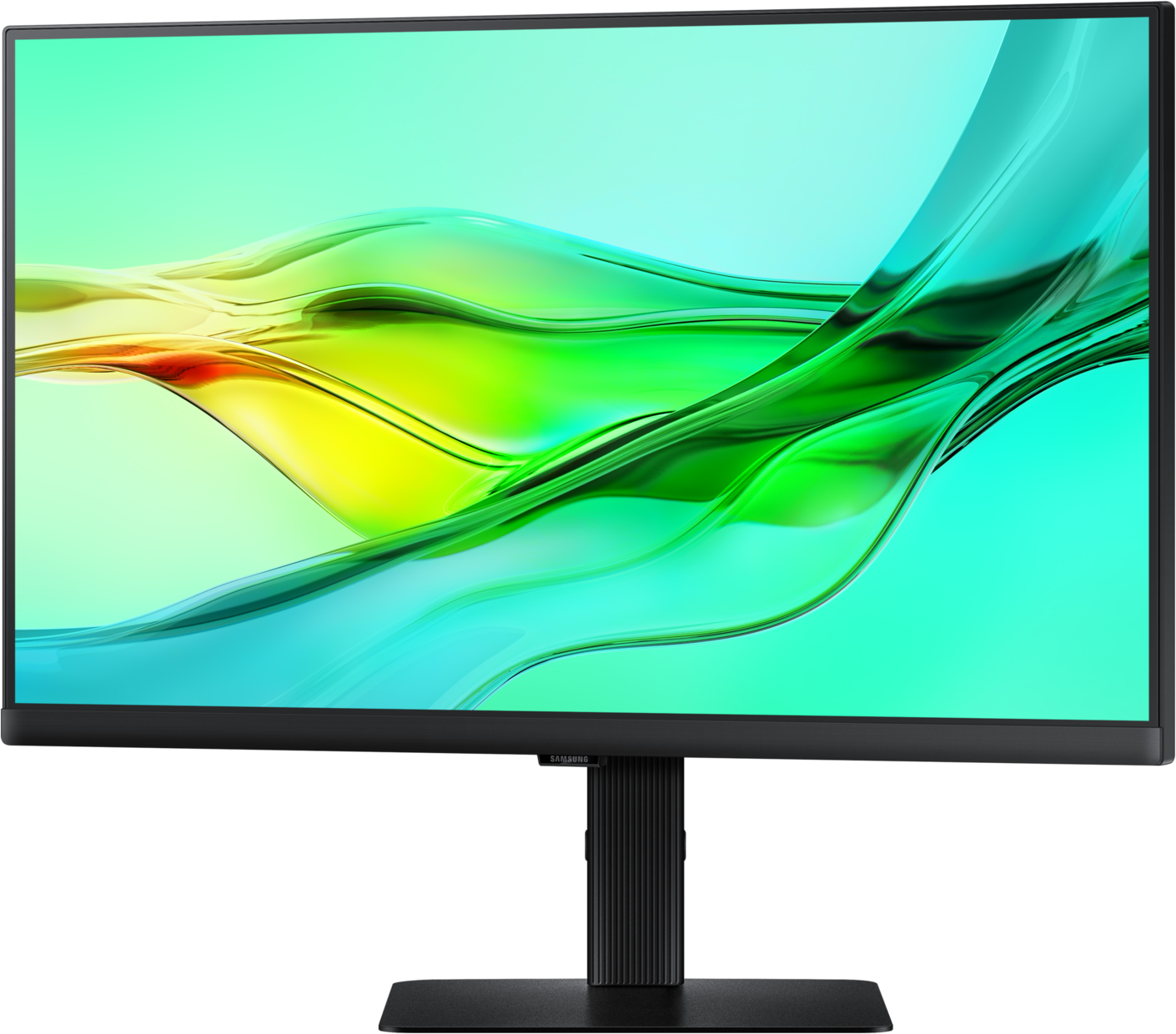 Un moniteur Samsung noir affiche un design abstrait vibrant de formes vertes et jaunes fluides sur un fond turquoise.