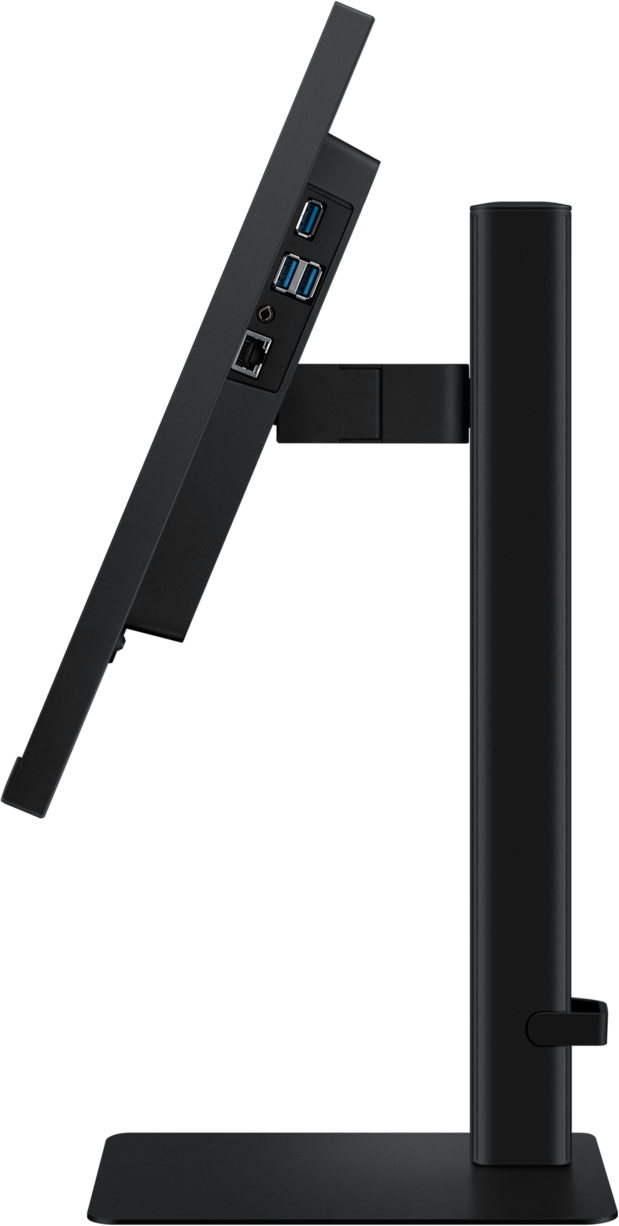 Un écran d'ordinateur noir, vue latérale. Il possède des ports USB, un port Ethernet et un support. Fond noir.
