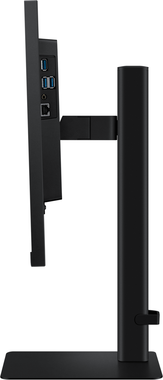 Vue latérale d'un écran d'ordinateur noir. Il possède des ports USB, un port réseau et est monté sur un support noir.