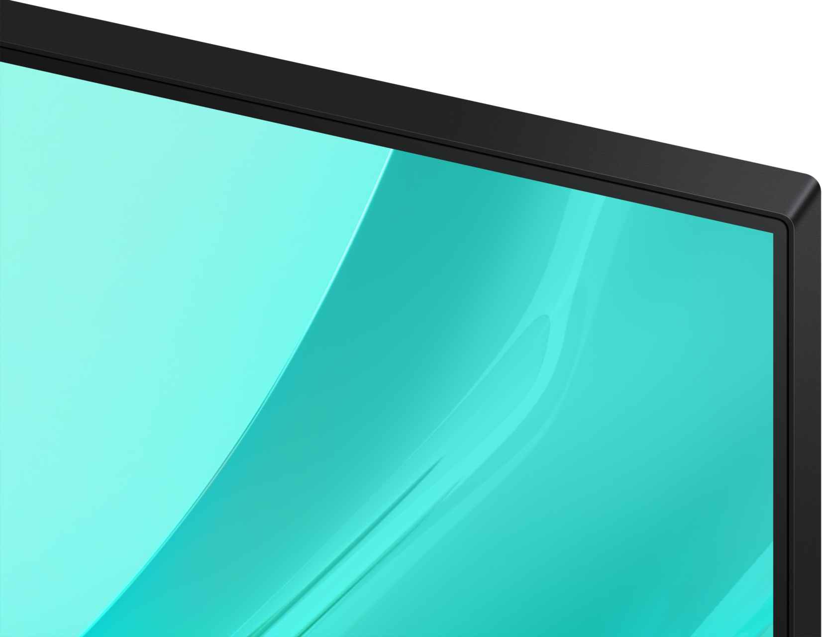 Gros plan d'un moniteur. Un cadre noir entoure un écran turquoise avec de subtils reflets de lumière.