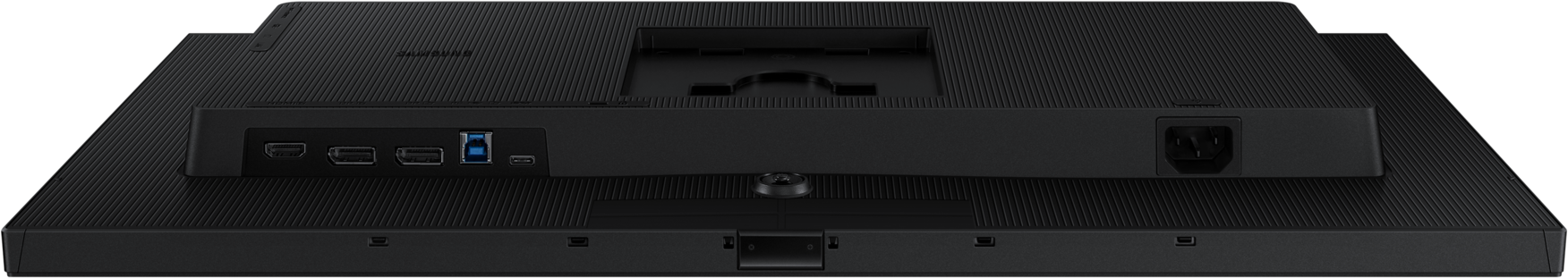 Arrière d'un moniteur noir avec ports : HDMI, USB, alimentation. La surface est texturée.