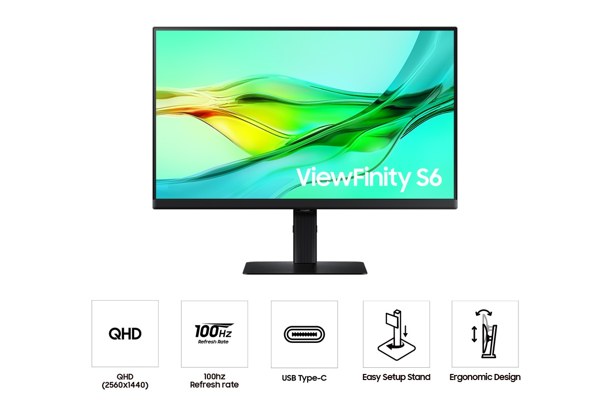 Un moniteur d'ordinateur, ViewFinity S6, sur fond blanc. Les caractéristiques incluent QHD, taux de rafraîchissement de 100 Hz, USB Type-C, installation facile, design ergonomique.