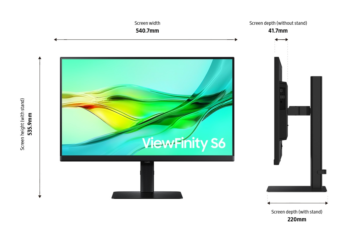 Un moniteur, ViewFinity S6, est présenté en vues de face et de côté. Les dimensions incluent la largeur, la hauteur et la profondeur de l'écran avec et sans pied.