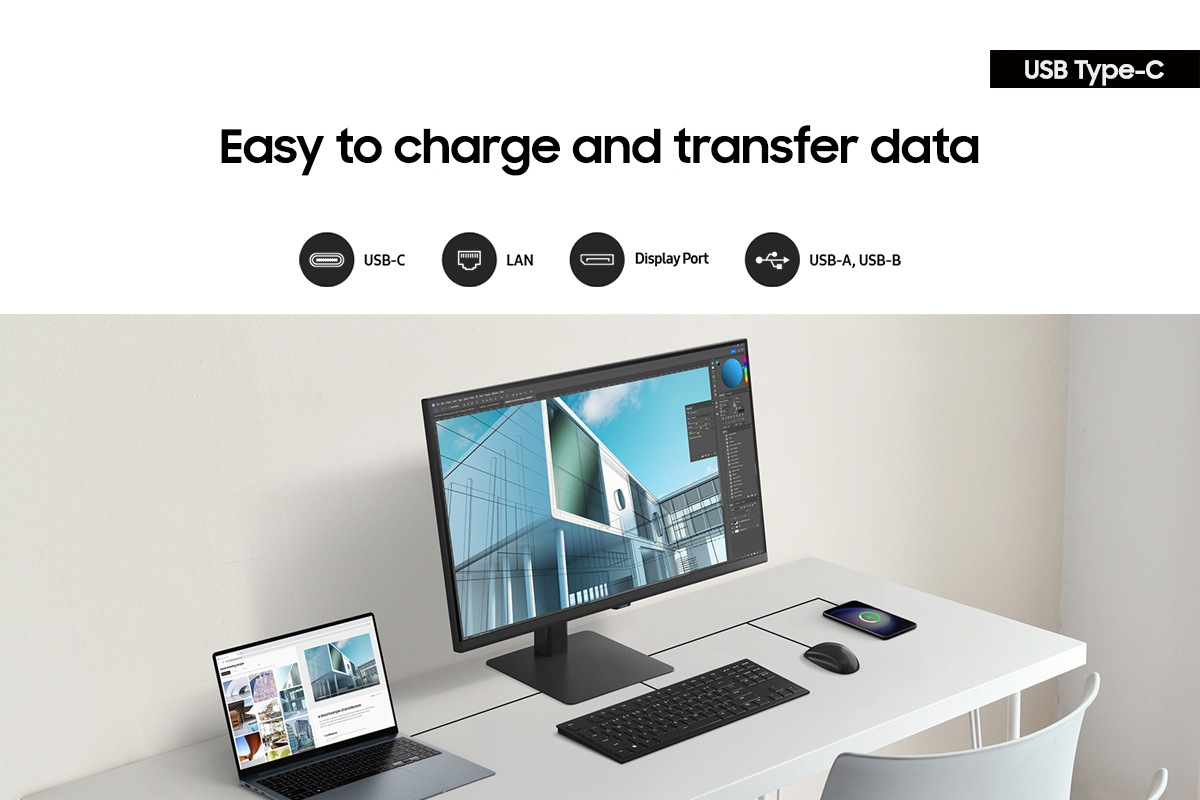 Un bureau avec un ordinateur portable, un moniteur, un clavier, une souris et un téléphone. Texte: 'Facile à charger et transférer des données'.