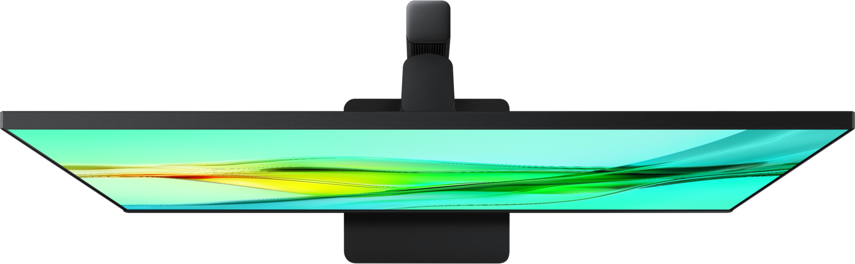 Vue de dessus d'un écran d'ordinateur noir affichant un dégradé vert et jaune, soutenu par un support noir.