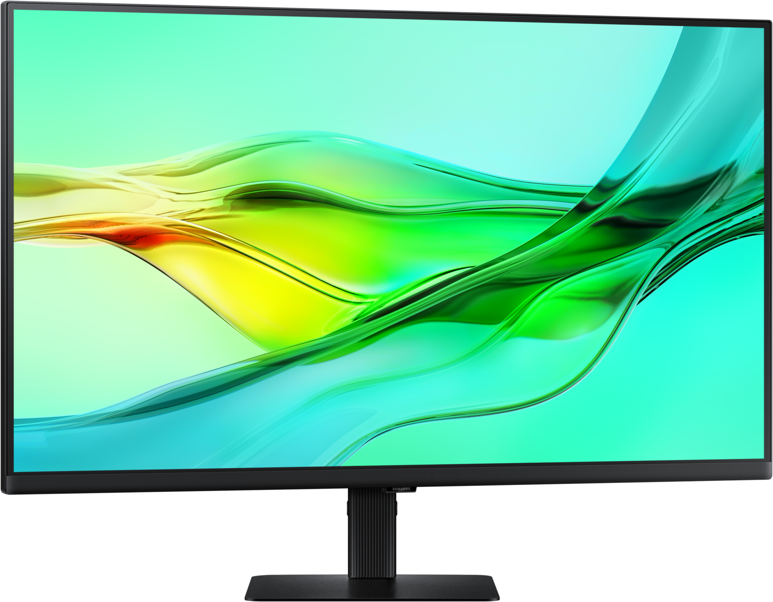 Un écran d'ordinateur avec un cadre noir affiche un motif de vagues abstrait coloré en vert, jaune et bleu sur fond noir.