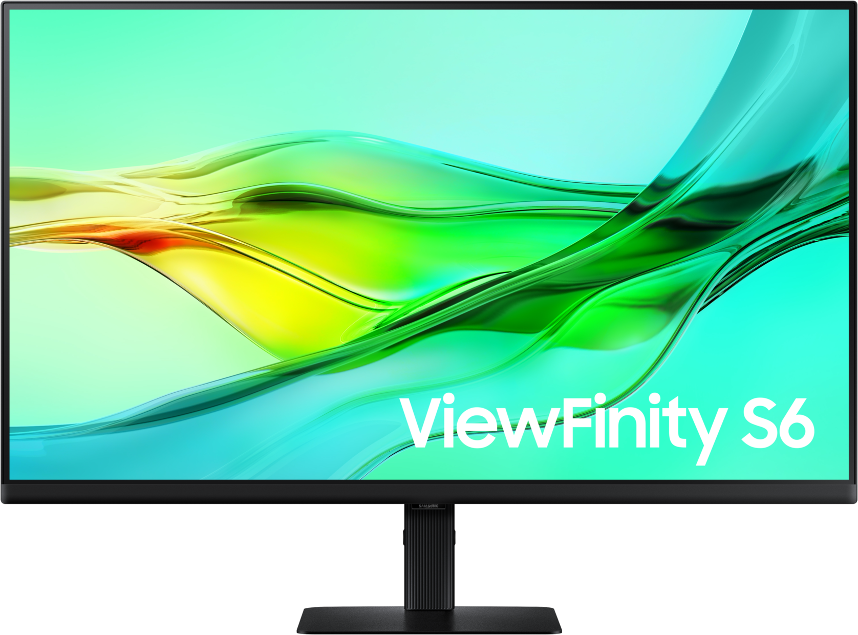 Un moniteur ViewFinity S6 noir affiche un fond abstrait coloré avec des teintes vertes, jaunes et bleues.